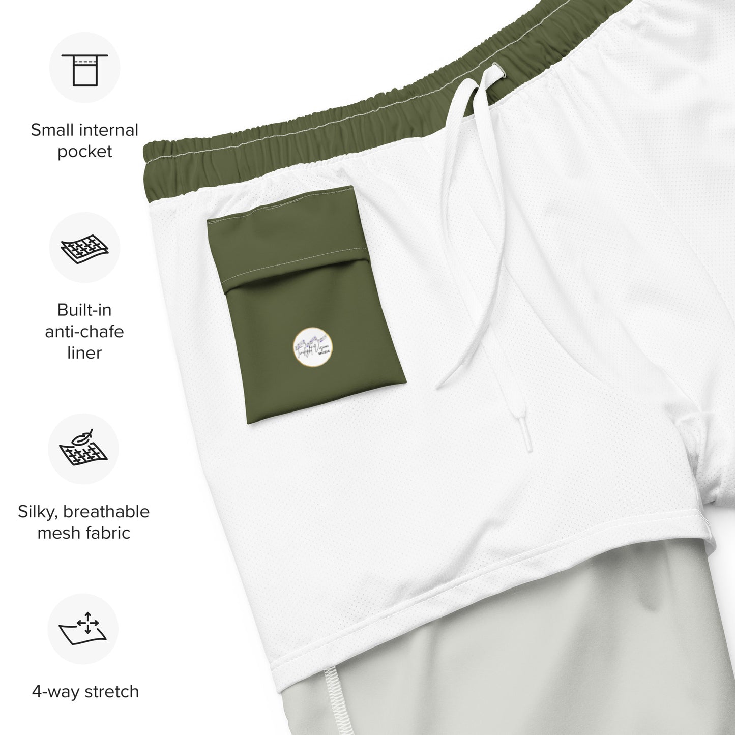 Breathe It All Out lips & Flame Swim Trunks (anti-chafe inner liner) – White close-up detail | Twilight Vision Music