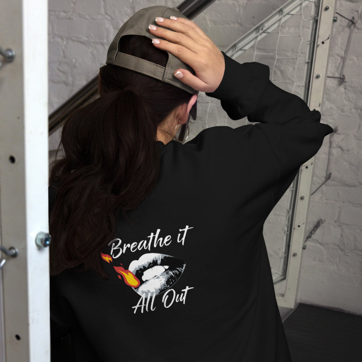 Long sleeve Woman top Breathe It All Out lips & flame – Black back view | Twilight Vision Music