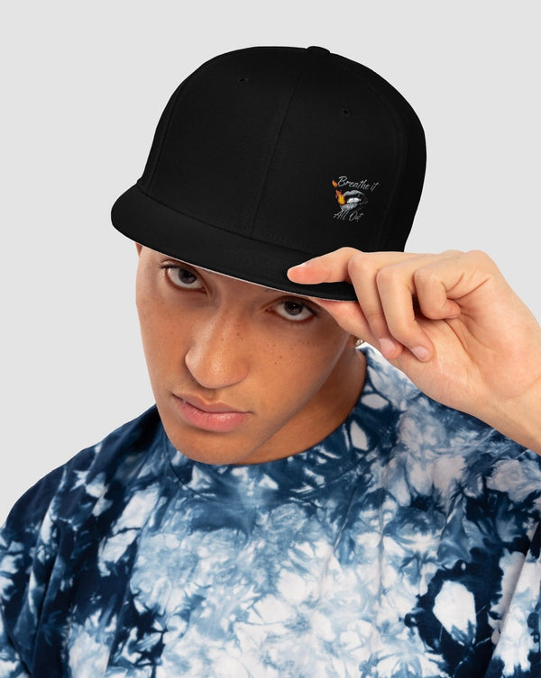 Hat with Breathe It all out Lips & Flame design