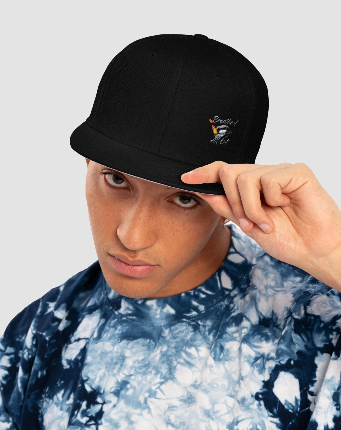Hat with Breathe It all out Lips & Flame design