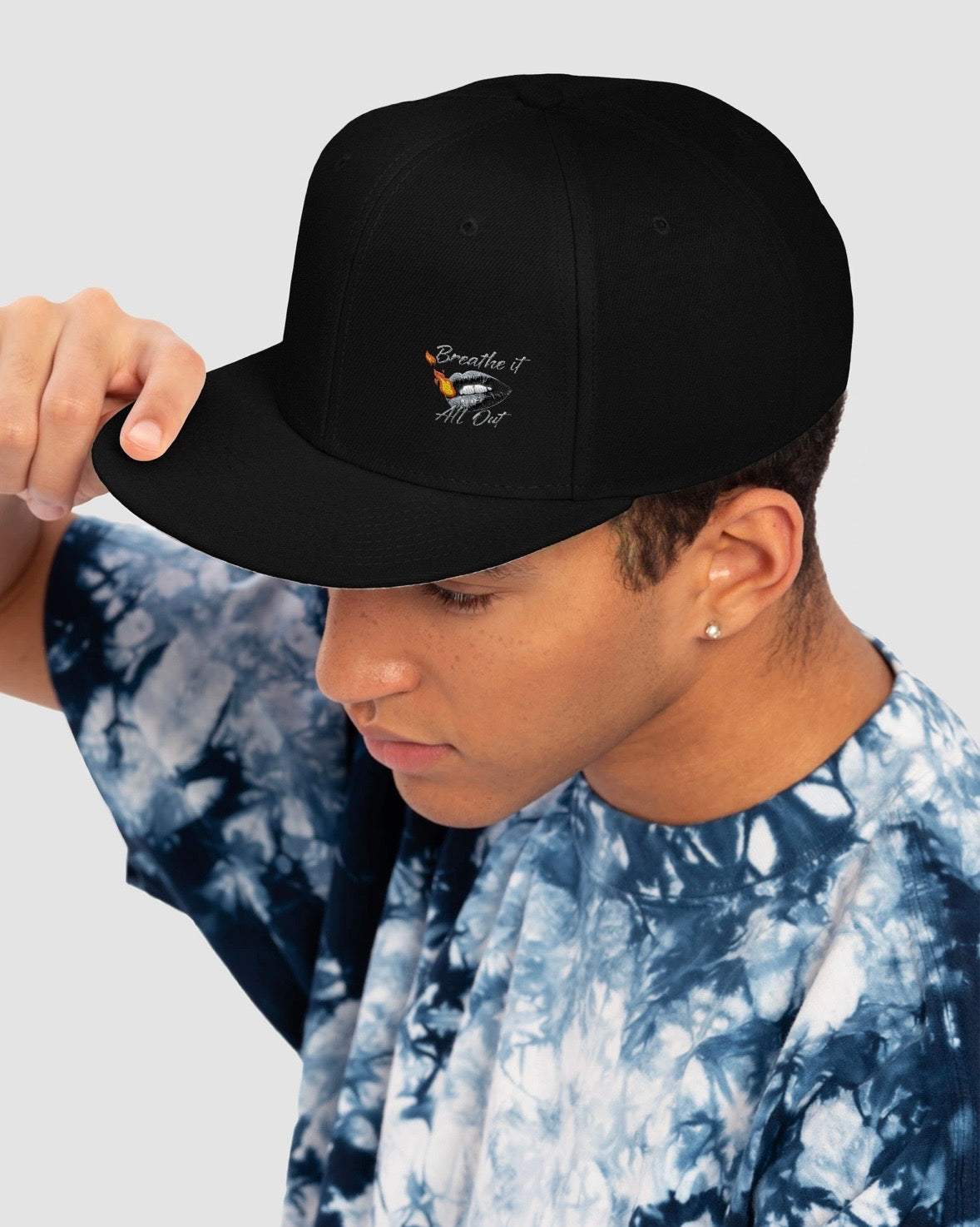 Hat with Breathe It all out Lips & Flame design