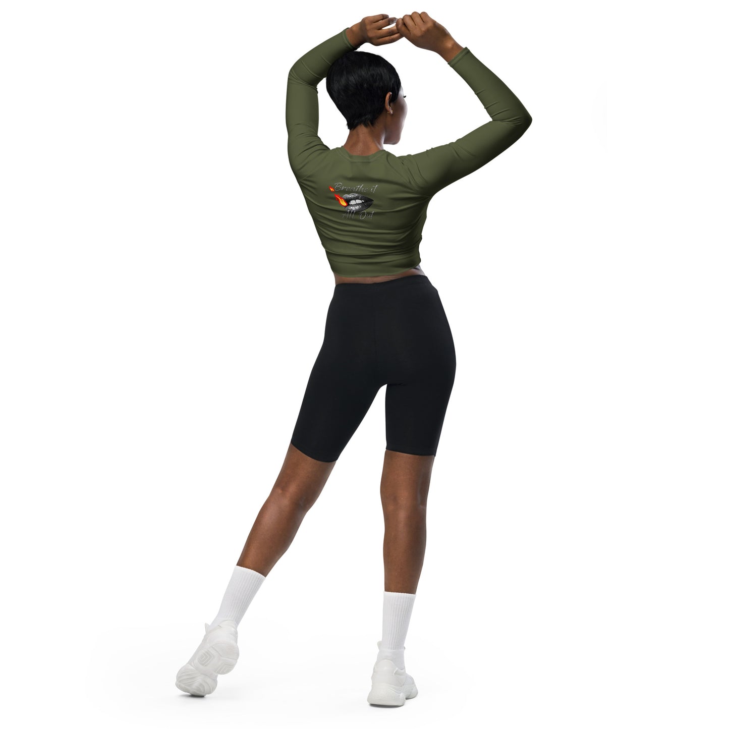 Long-sleeve crop top Breathe It All Out lips & flame – White back view (2) | Twilight Vision Music
