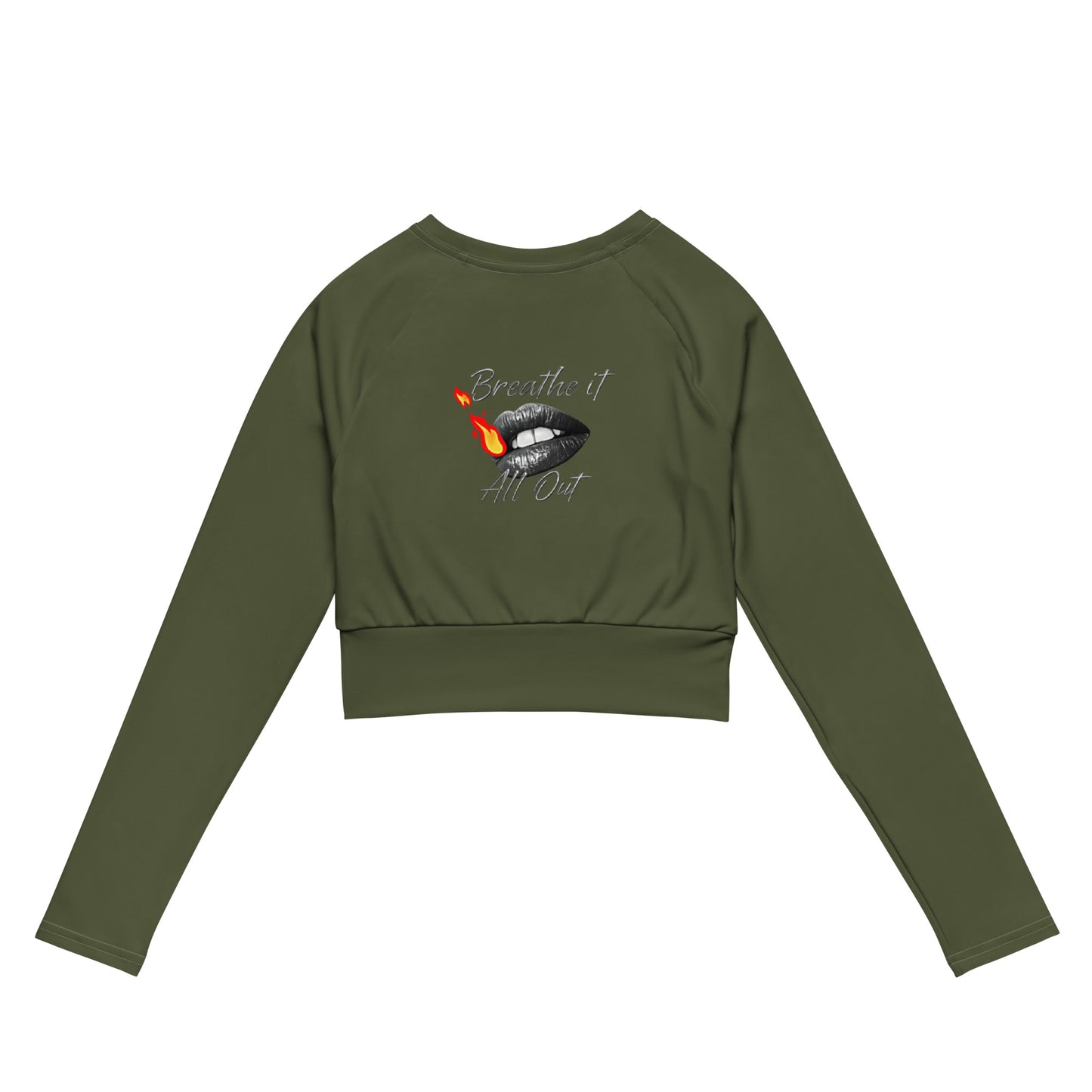 Long-sleeve crop top Breathe It All Out lips & flame – White back view | Twilight Vision Music