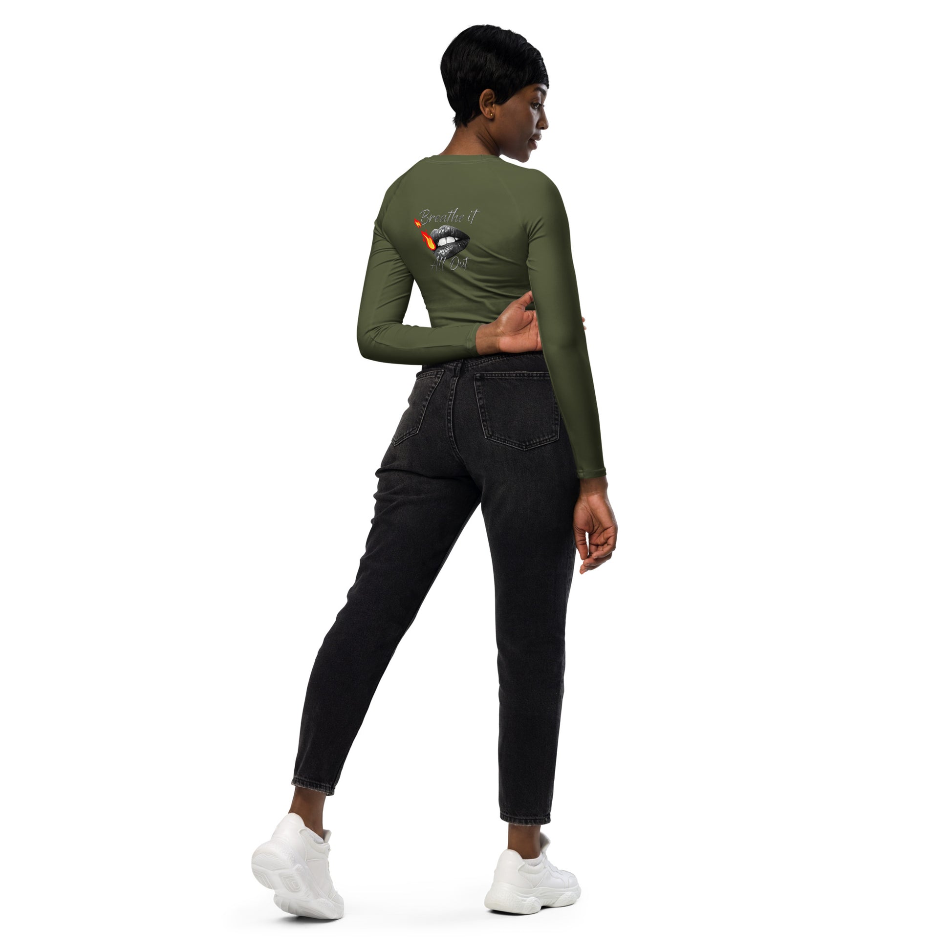 Long-sleeve crop top Breathe It All Out lips & flame – White right side view | Twilight Vision Music