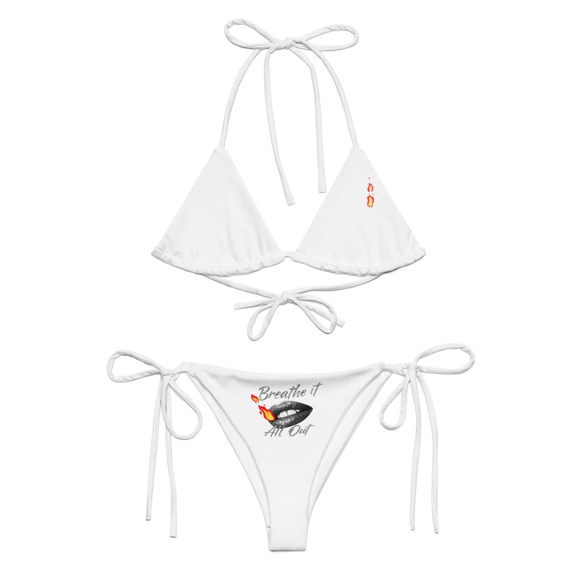 Breathe It All Out lips & flame string bikini – White front view | Twilight Vision Music