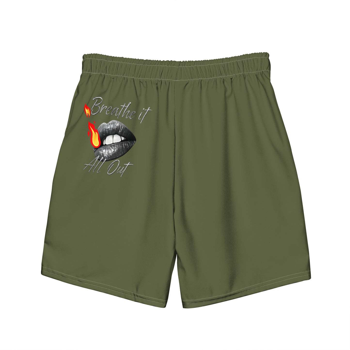 Breathe It All Out lips & Flame Swim Trunks (anti-chafe inner liner) – White back view | Twilight Vision Music