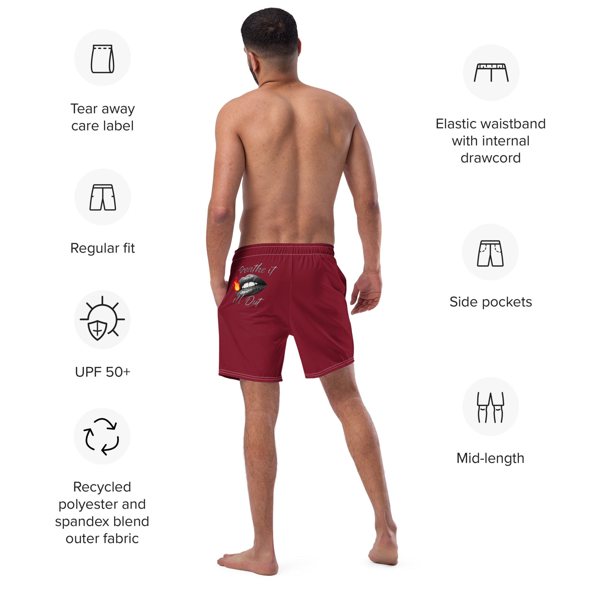 Breathe It All Out lips & flame Swim Trunks (anti-chafe inner liner) – White back view (2) | Twilight Vision Music