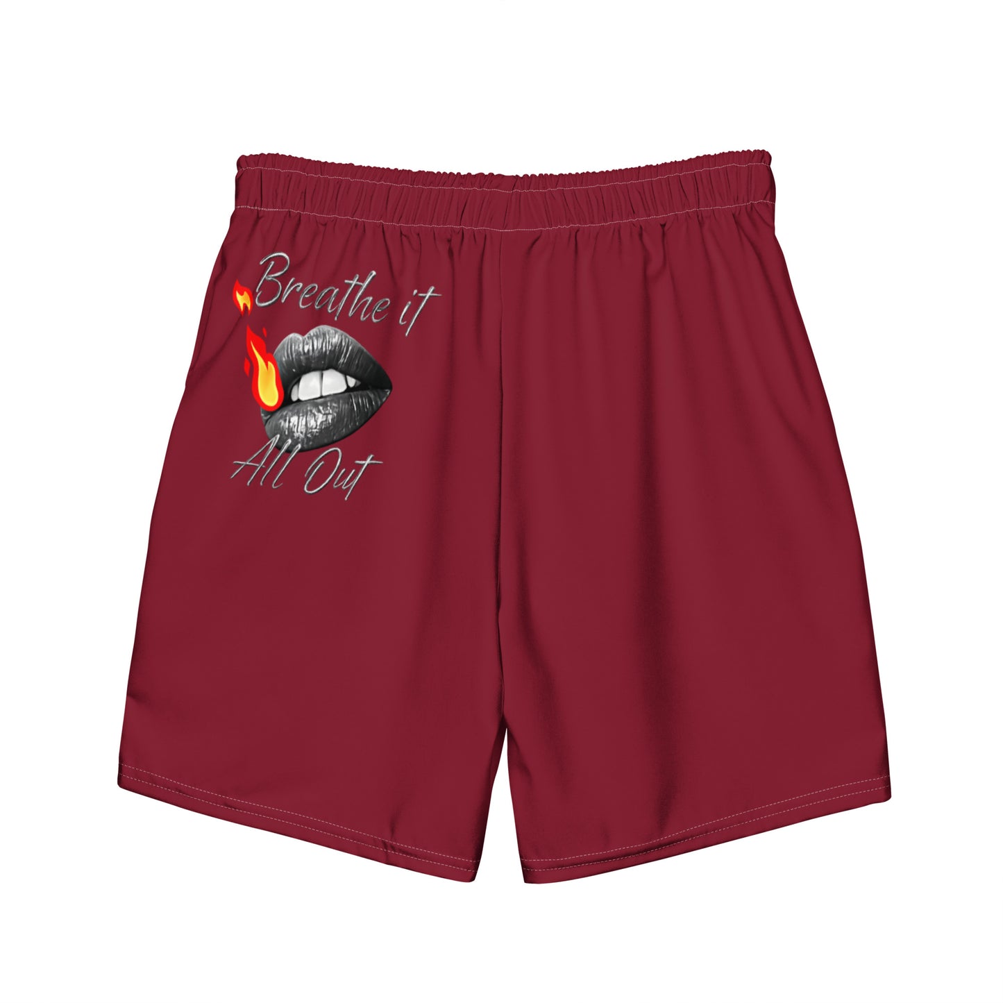 Breathe It All Out lips & flame Swim Trunks (anti-chafe inner liner) – White back view | Twilight Vision Music