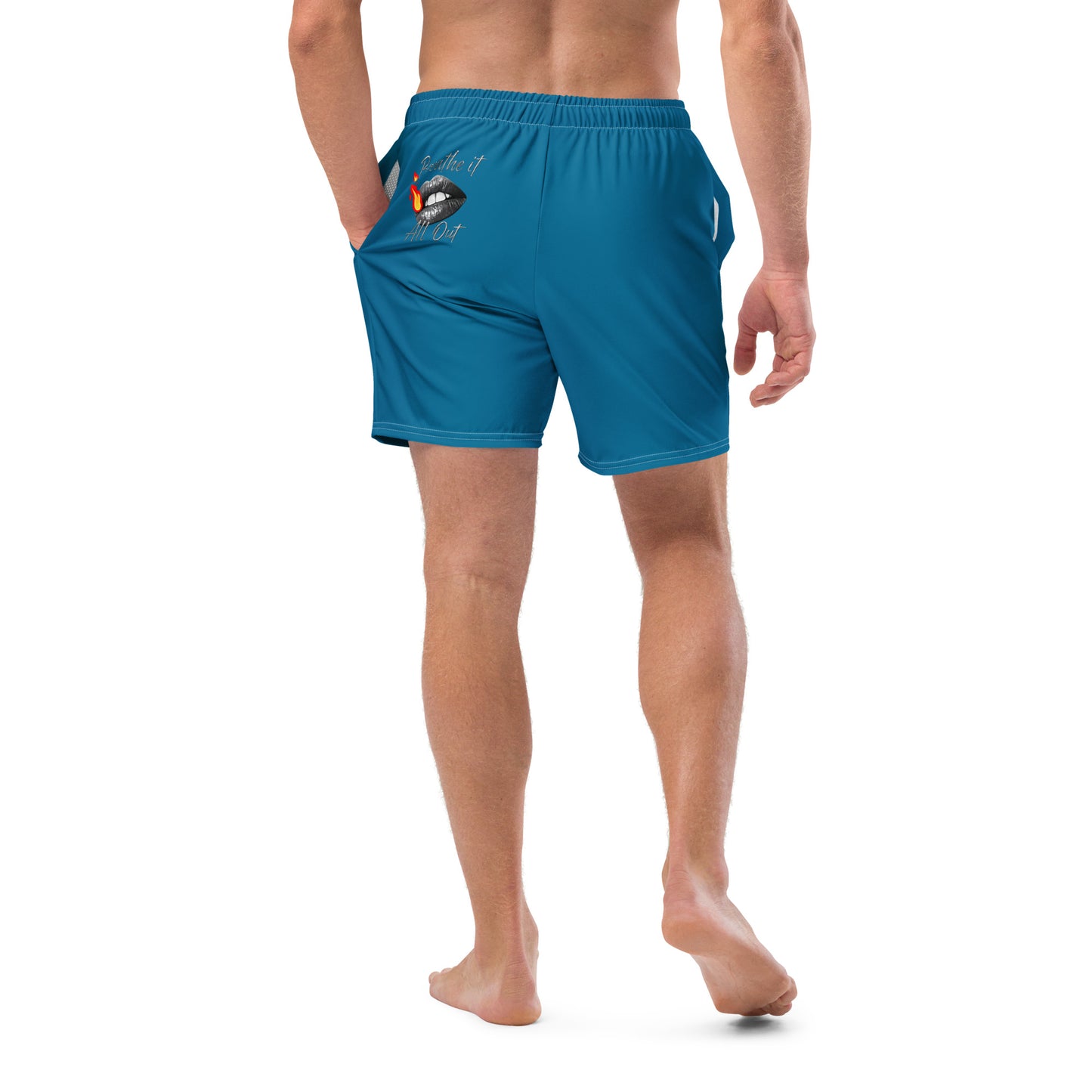 Breathe It All Out lips & flame Swim Trunks ( anti-chafe inner liner) – White back view (2) | Twilight Vision Music