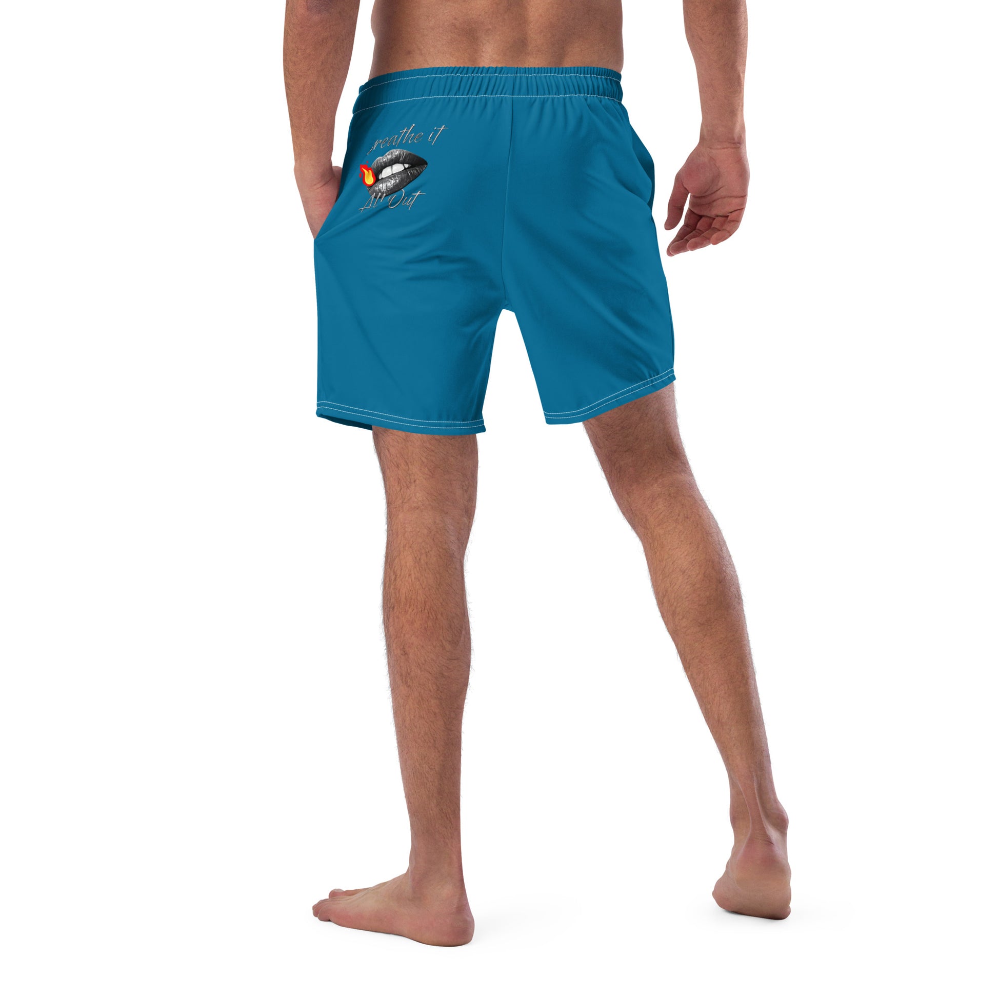 Breathe It All Out lips & flame Swim Trunks ( anti-chafe inner liner) – White back view (3) | Twilight Vision Music