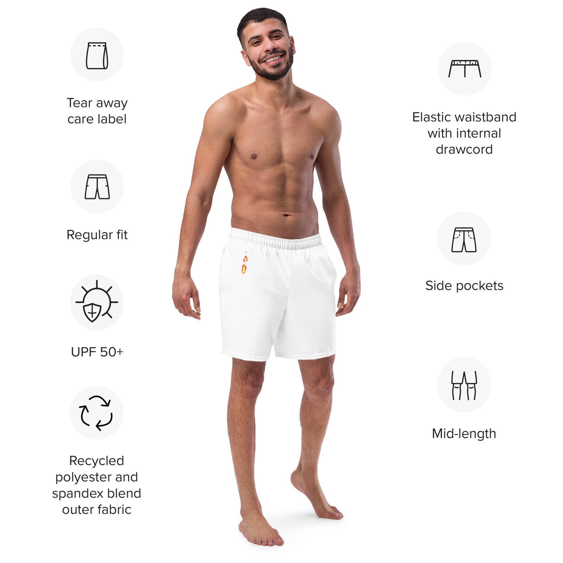 Breathe It All Out Swim Trunks lips & flame (anti-chafe inner lining) – White front view (2) | Twilight Vision Music