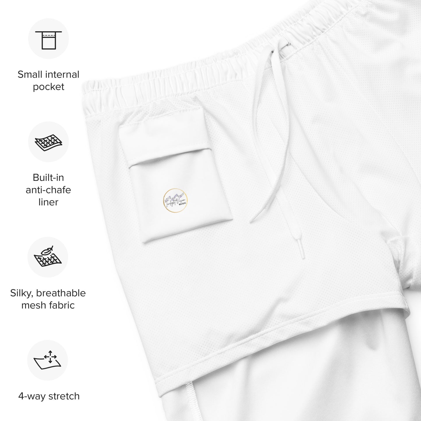 Breathe It All Out Swim Trunks lips & flame (anti-chafe inner lining) – White close-up detail | Twilight Vision Music