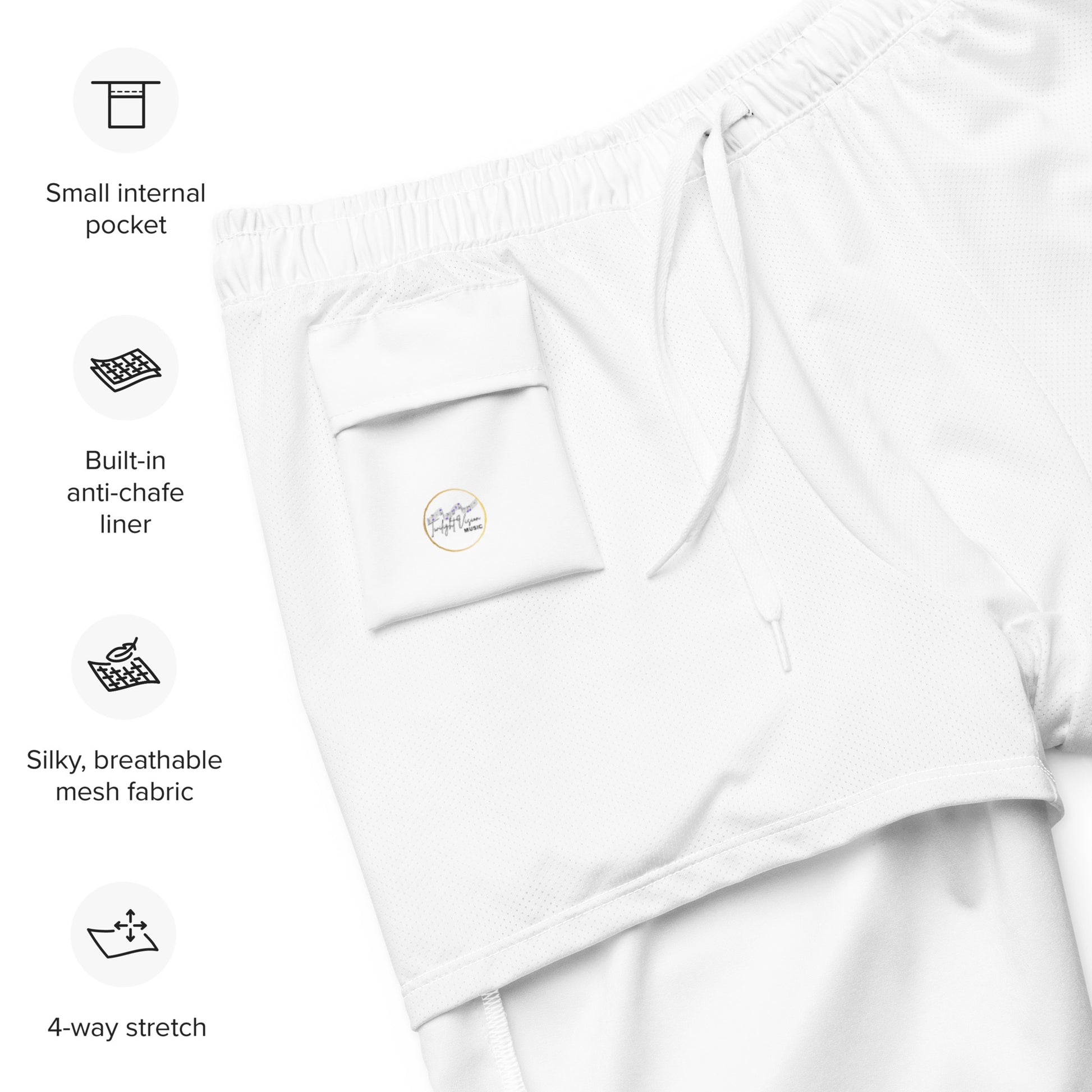 Breathe It All Out Swim Trunks lips & flame (anti-chafe inner lining) – White close-up detail | Twilight Vision Music
