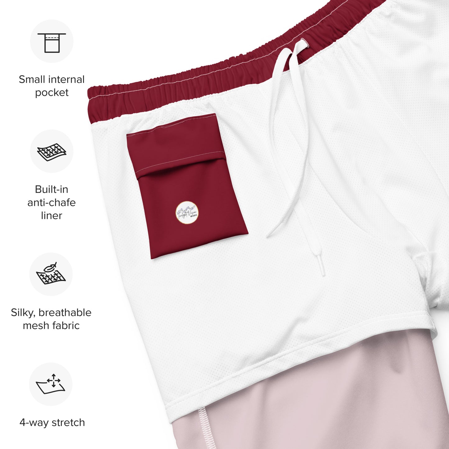 Breathe It All Out lips & flame Swim Trunks (anti-chafe inner liner) – White close-up detail | Twilight Vision Music