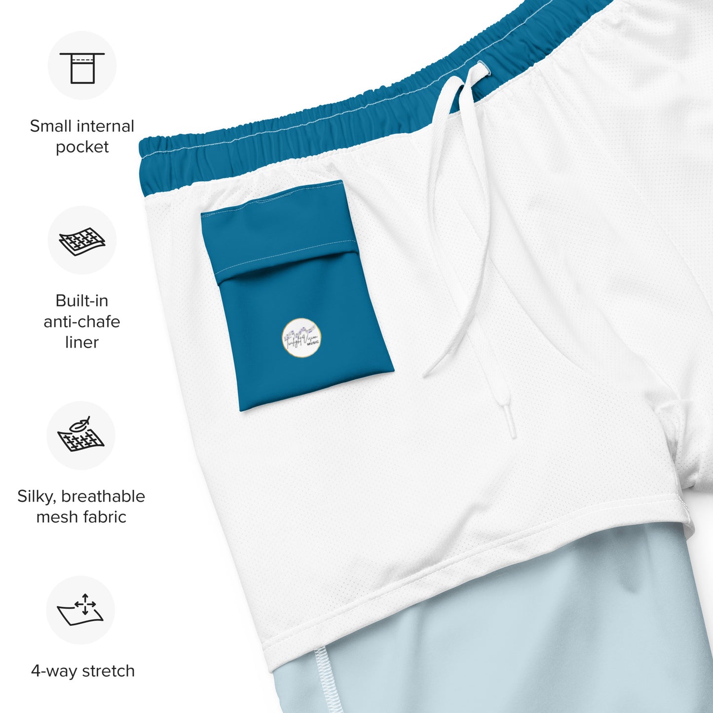 Breathe It All Out lips & flame Swim Trunks ( anti-chafe inner liner) – White close-up detail | Twilight Vision Music
