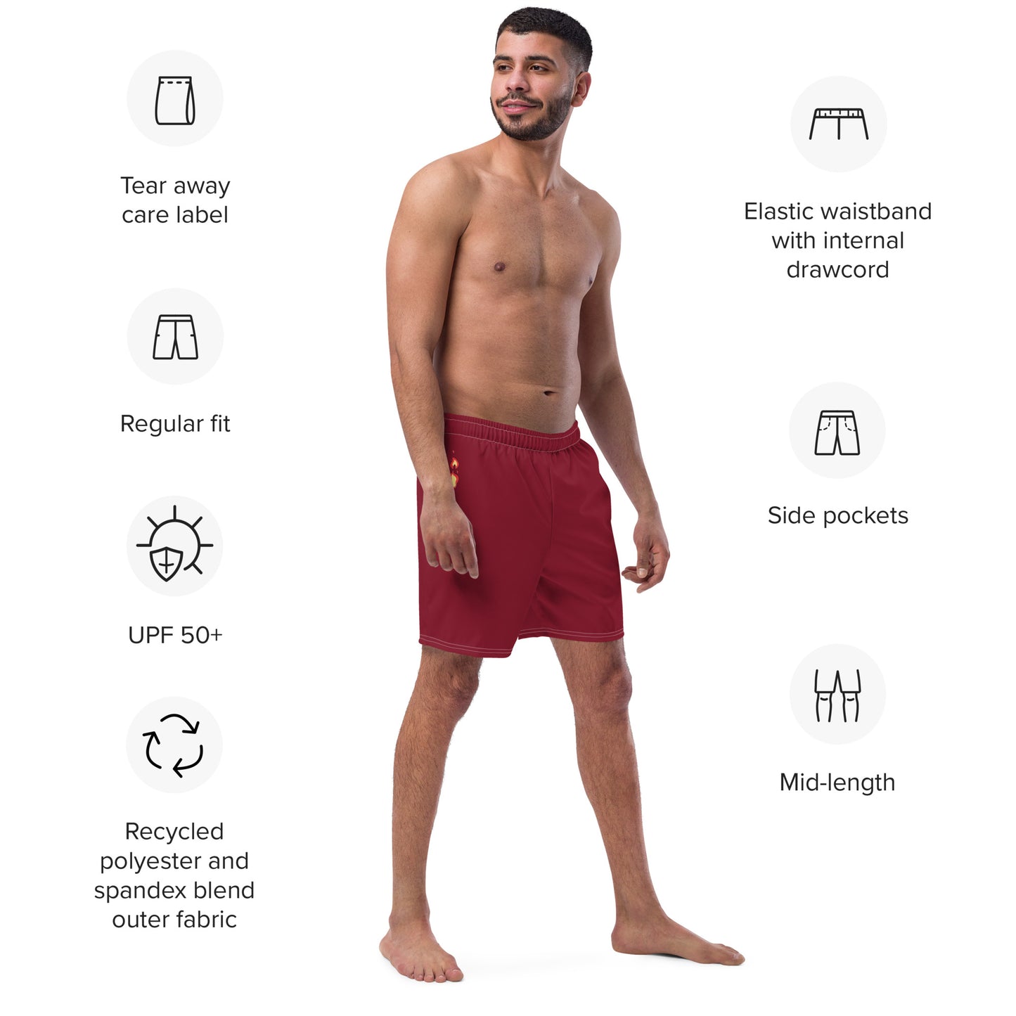 Breathe It All Out lips & flame Swim Trunks (anti-chafe inner liner) – White right front angle | Twilight Vision Music