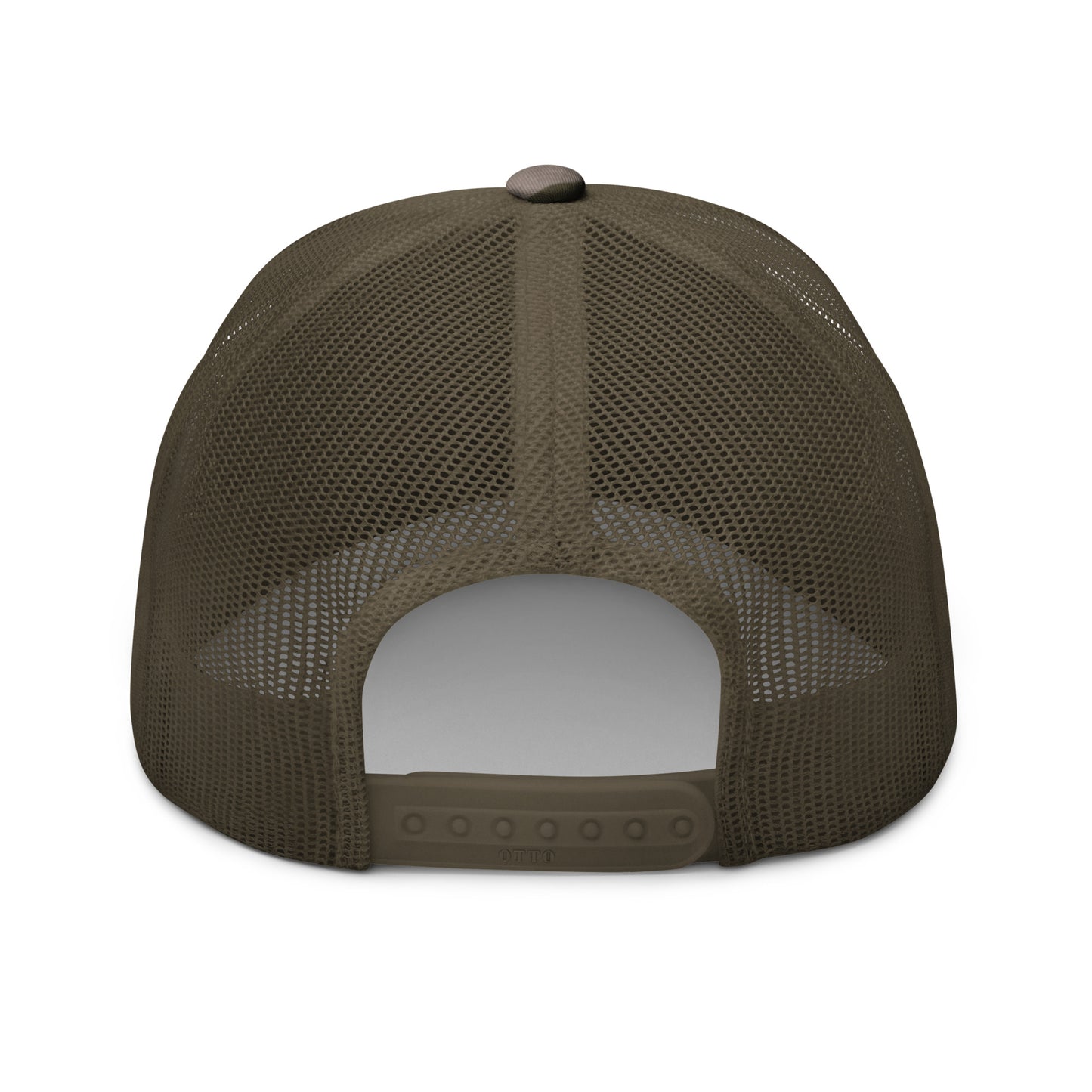 Camouflage trucker hat Breathe It All Out lips with flame – Camo Olive back view | Twilight Vision Music