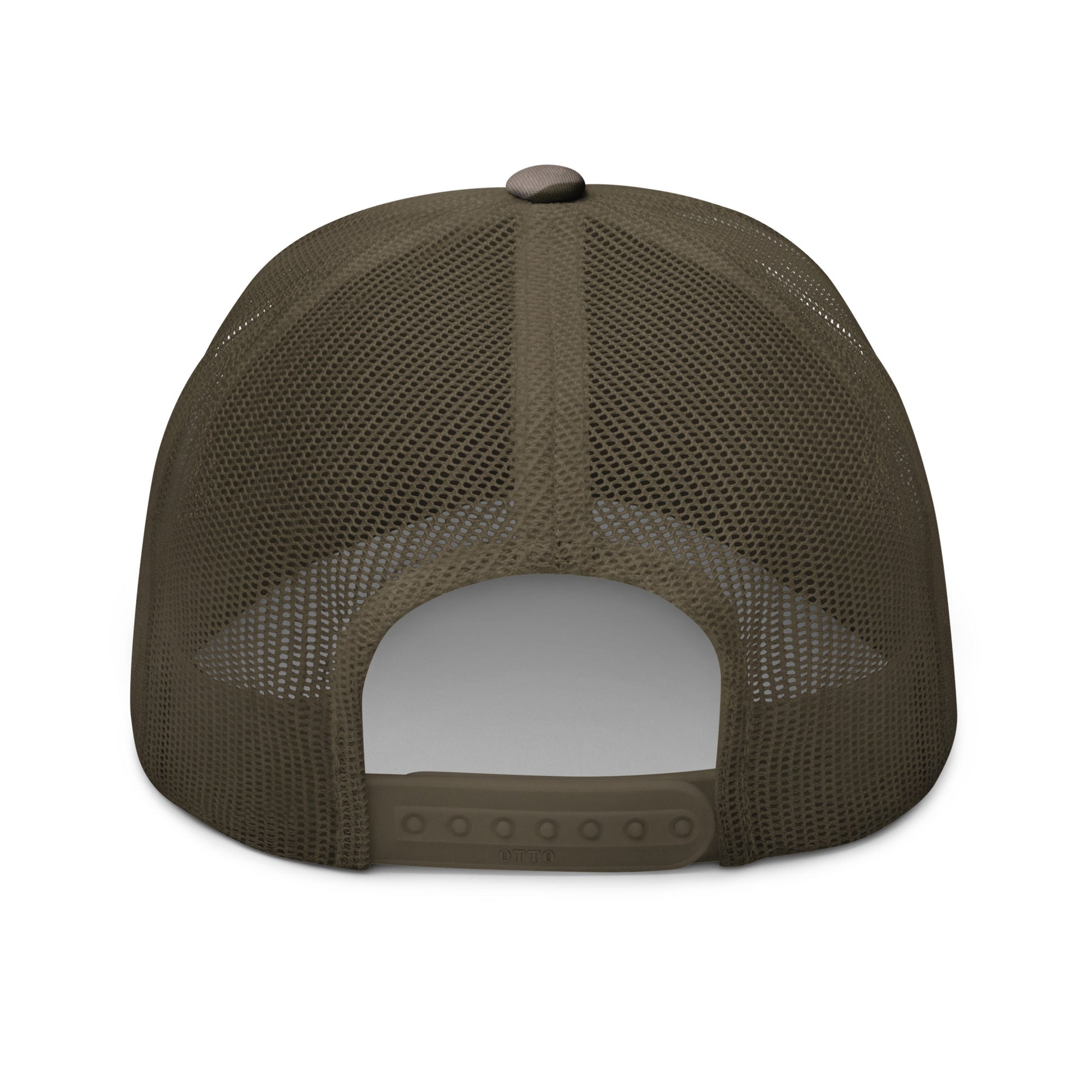 Camouflage trucker hat Breathe It All Out lips with flame – Camo Olive back view | Twilight Vision Music