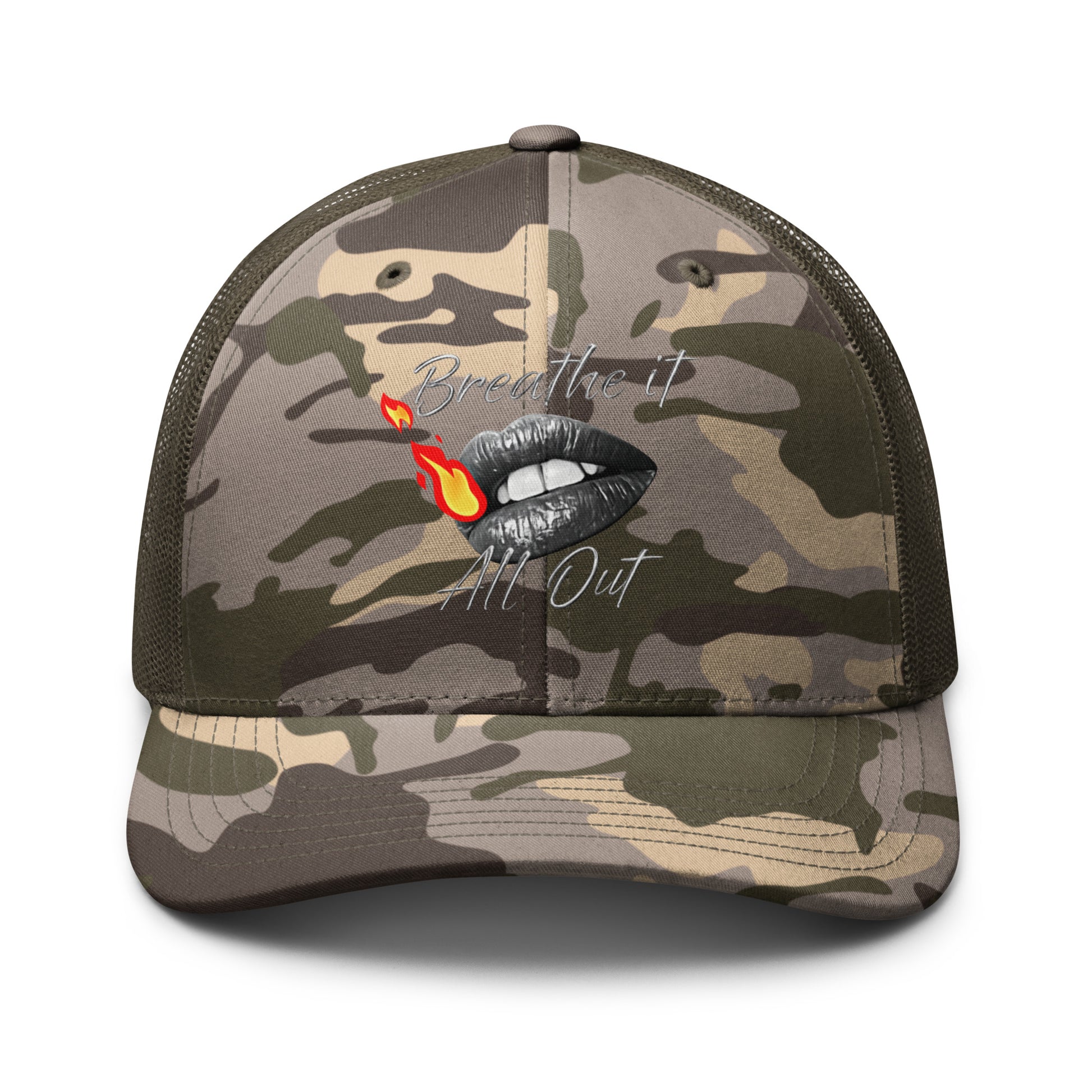 Camouflage trucker hat Breathe It All Out lips with flame – Camo Olive front view | Twilight Vision Music