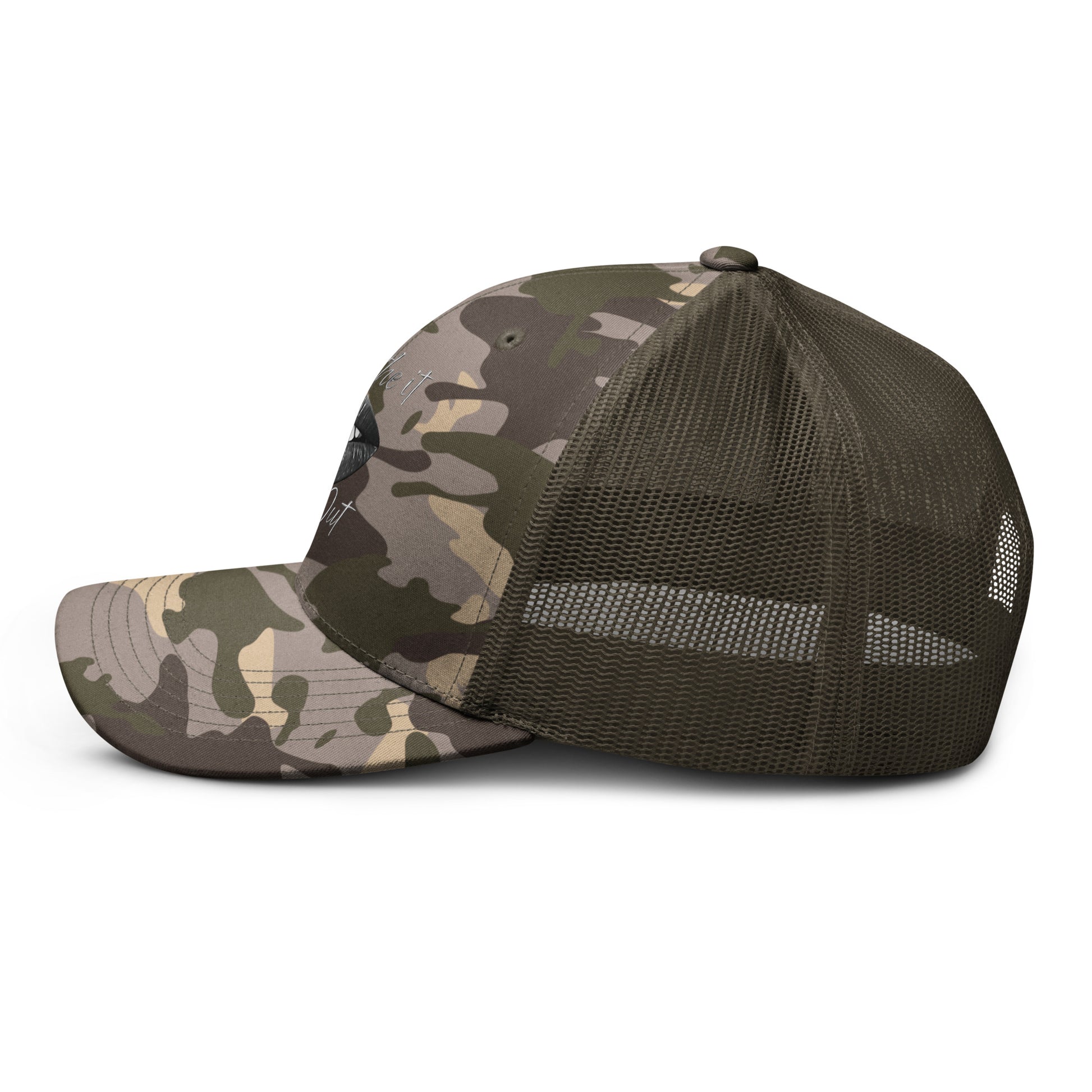 Camouflage trucker hat Breathe It All Out lips with flame – Camo Olive left side view | Twilight Vision Music