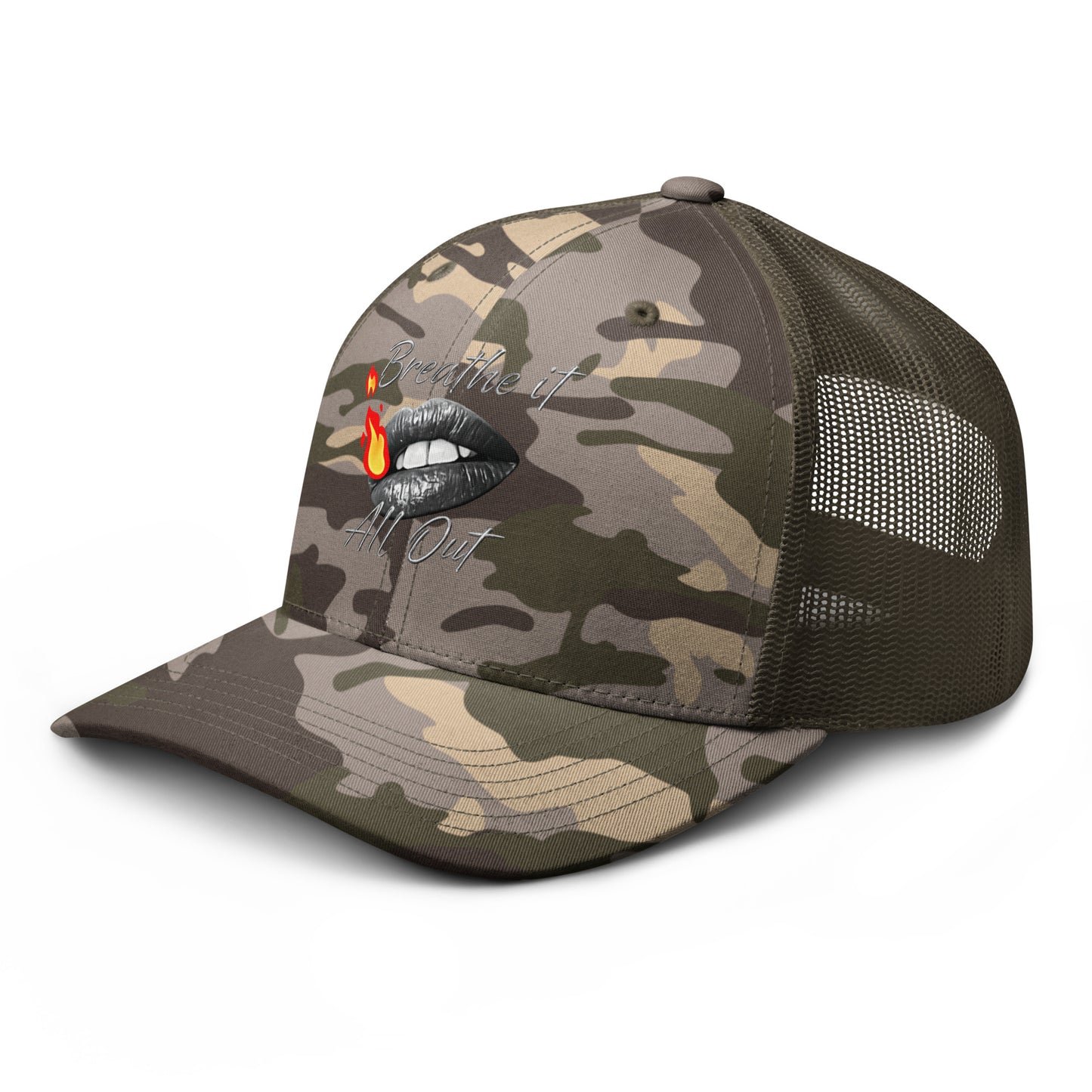 Camouflage trucker hat Breathe It All Out lips with flame – Camo Olive left front angle | Twilight Vision Music