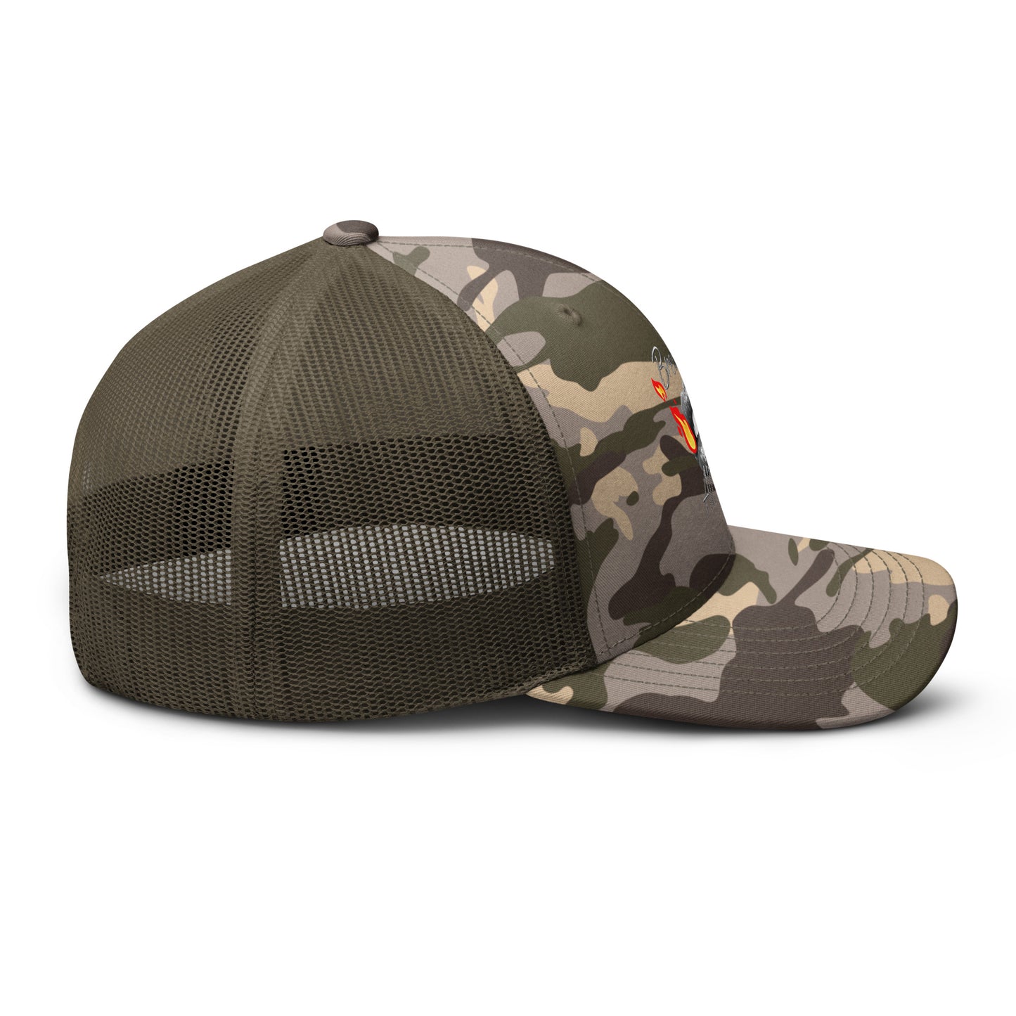 Camouflage trucker hat Breathe It All Out lips with flame – Camo Olive right side view | Twilight Vision Music