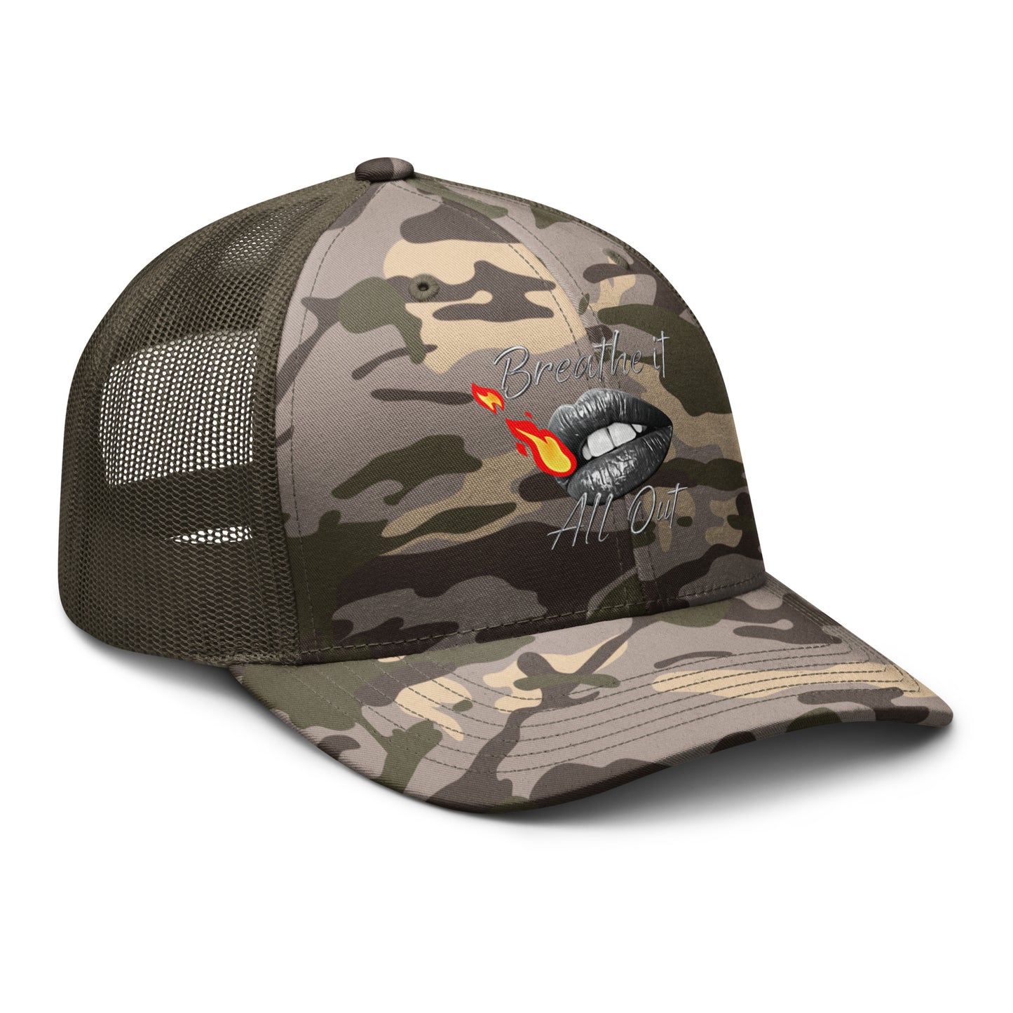 Camouflage trucker hat Breathe It All Out lips with flame – Camo Olive right front angle | Twilight Vision Music