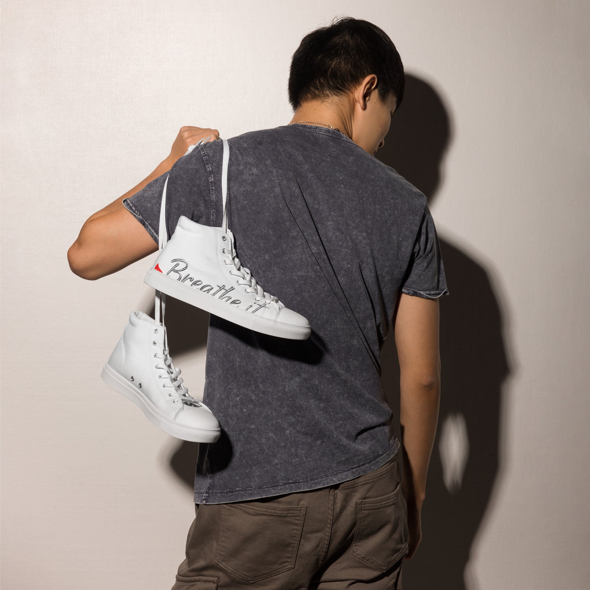 Men’s high top canvas shoes Breathe It All Out lips & flame – White right side view | Twilight Vision Music