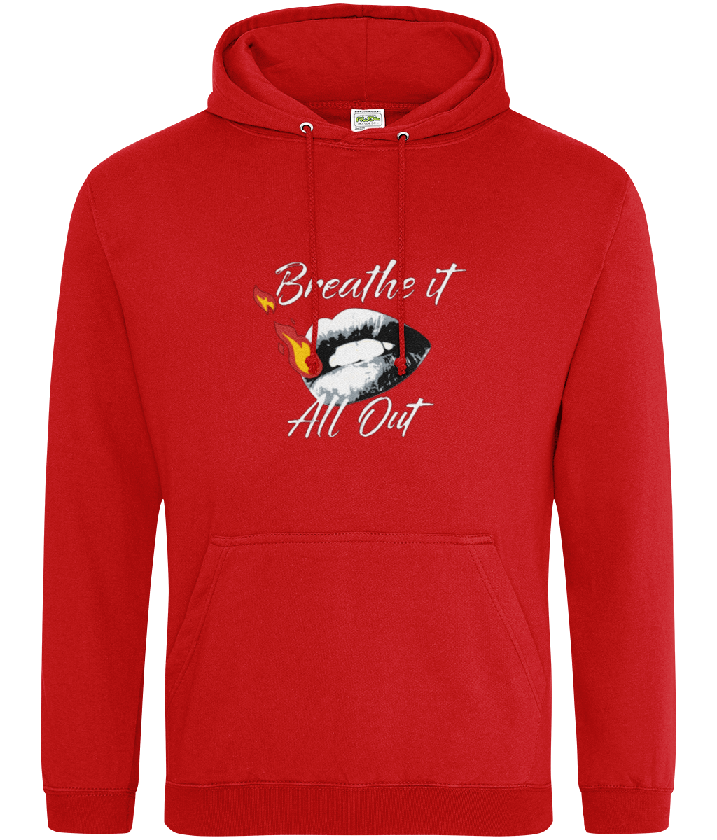 AWDis College Hoodie Breathe it all out with flame – mockup view 3 | Twilight Vision Music