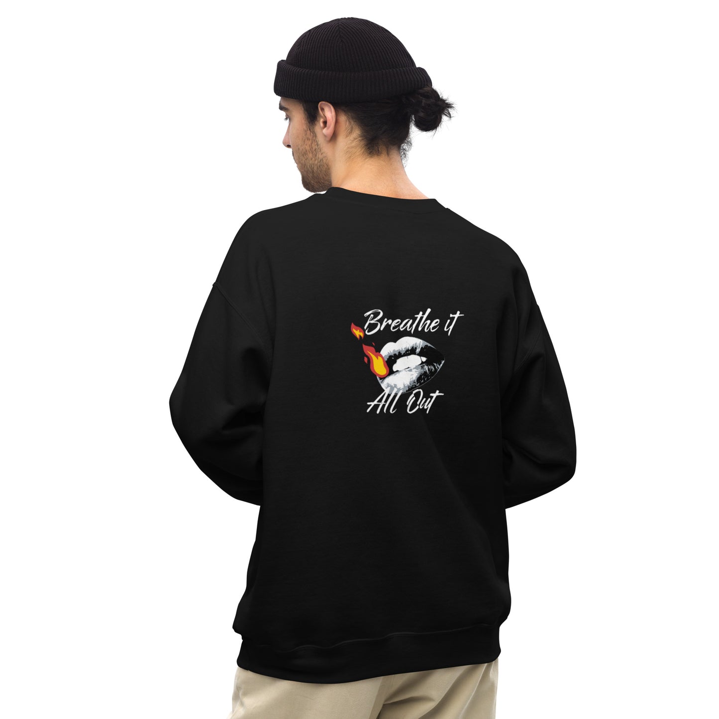 Long sleeve Men top Breathe It All Out lips & flame – Black back view | Twilight Vision Music