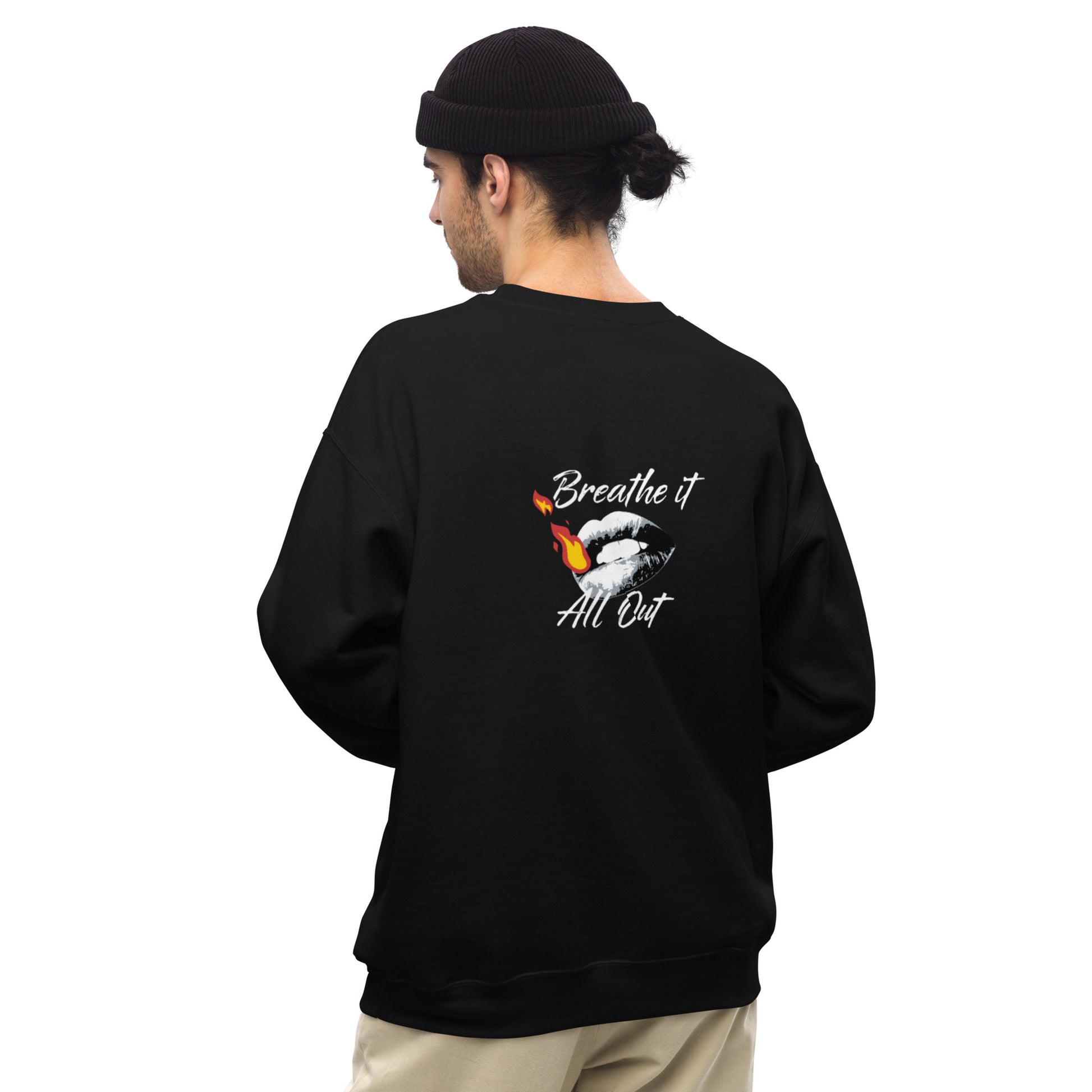 Long sleeve Men top Breathe It All Out lips & flame – Black back view | Twilight Vision Music