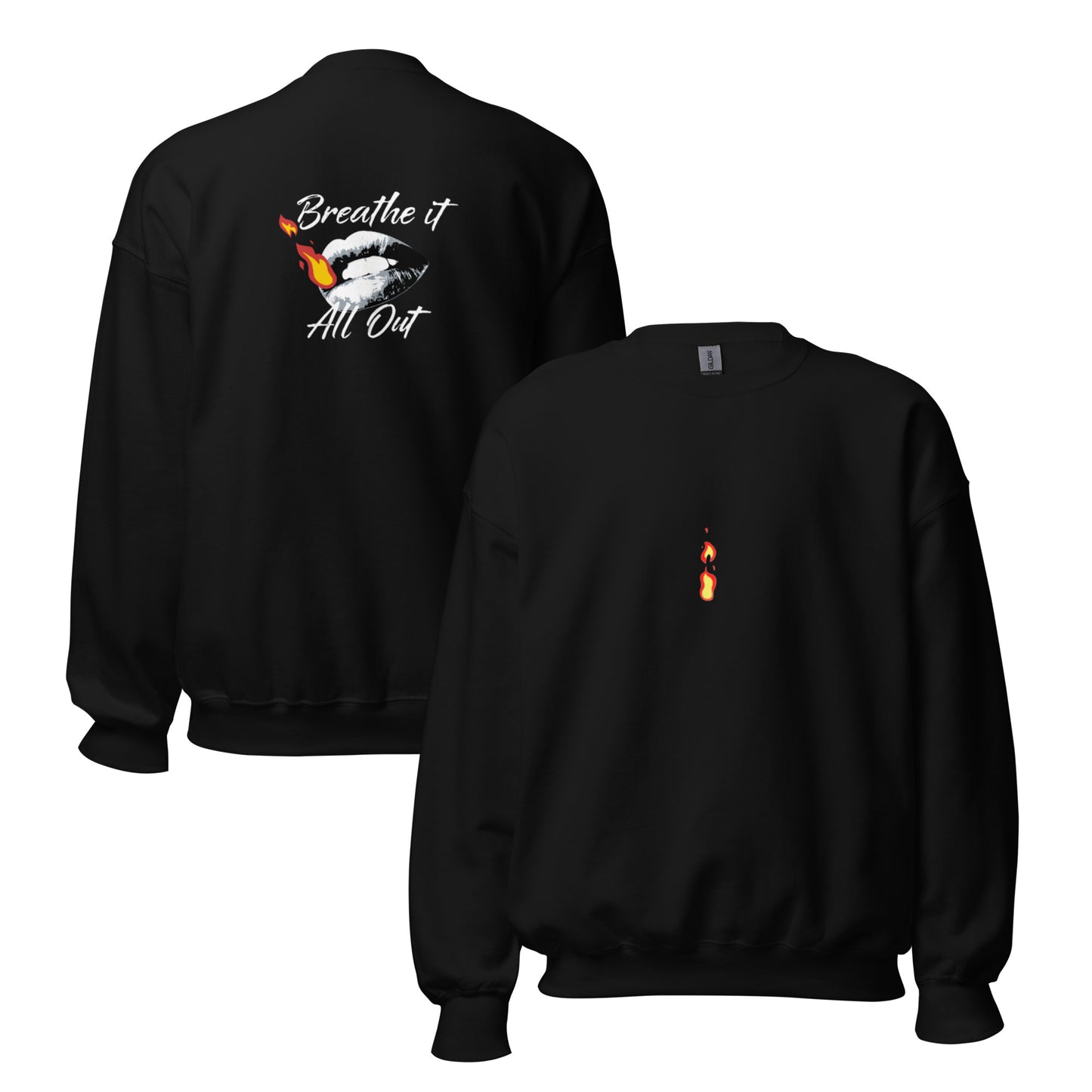 Long sleeve Woman top Breathe It All Out lips & flame – Black front and back view | Twilight Vision Music