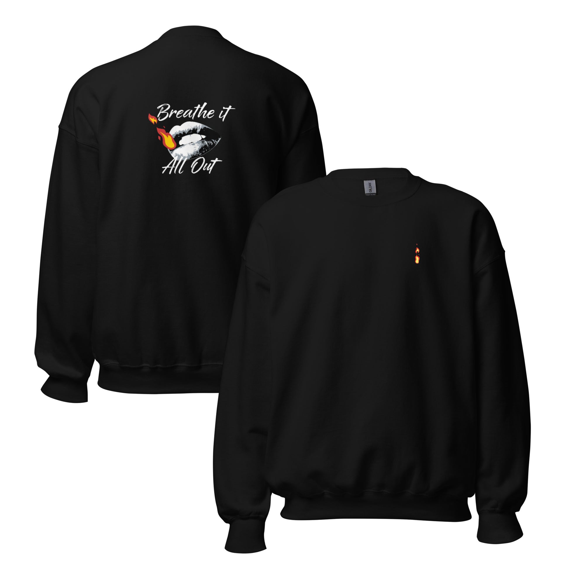 Long sleeve Men top Breathe It All Out lips & flame – Black front and back view | Twilight Vision Music