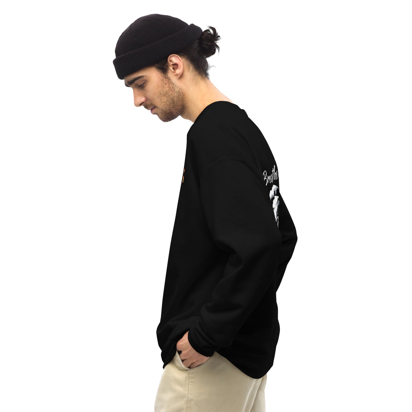 Long sleeve Men top Breathe It All Out lips & flame – Black left side view | Twilight Vision Music