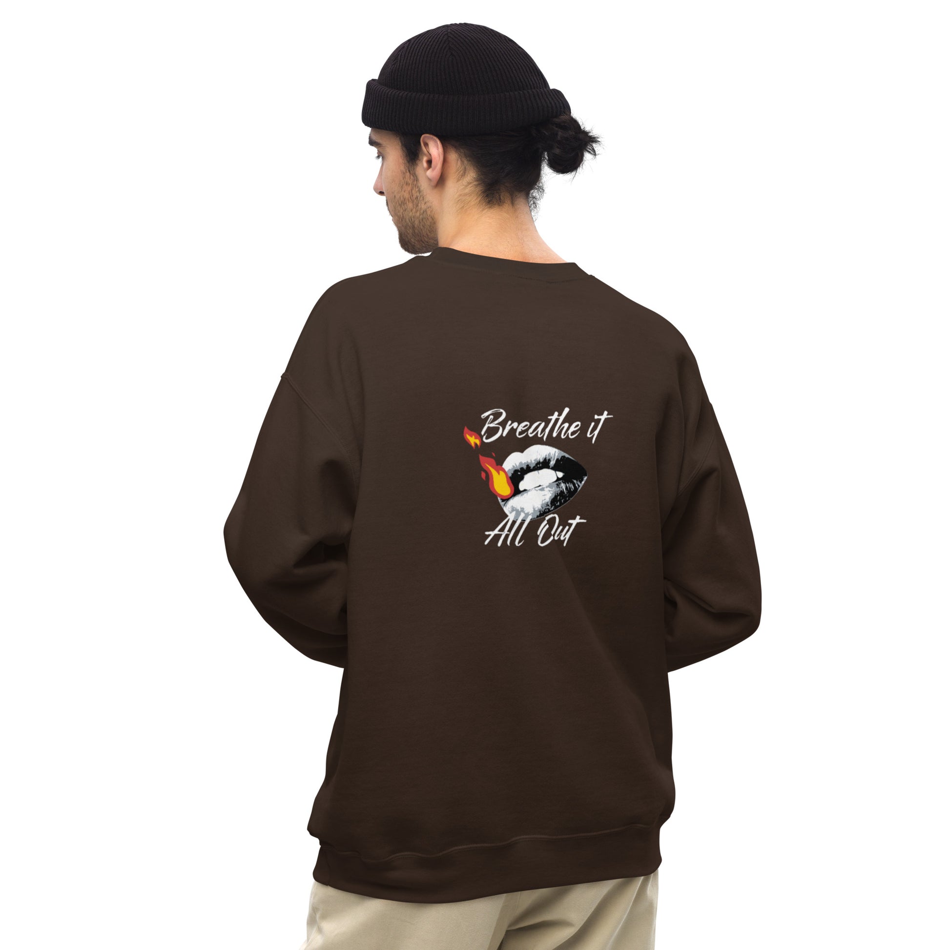 Long sleeve Men top Breathe It All Out lips & flame – Dark Chocolate back view | Twilight Vision Music