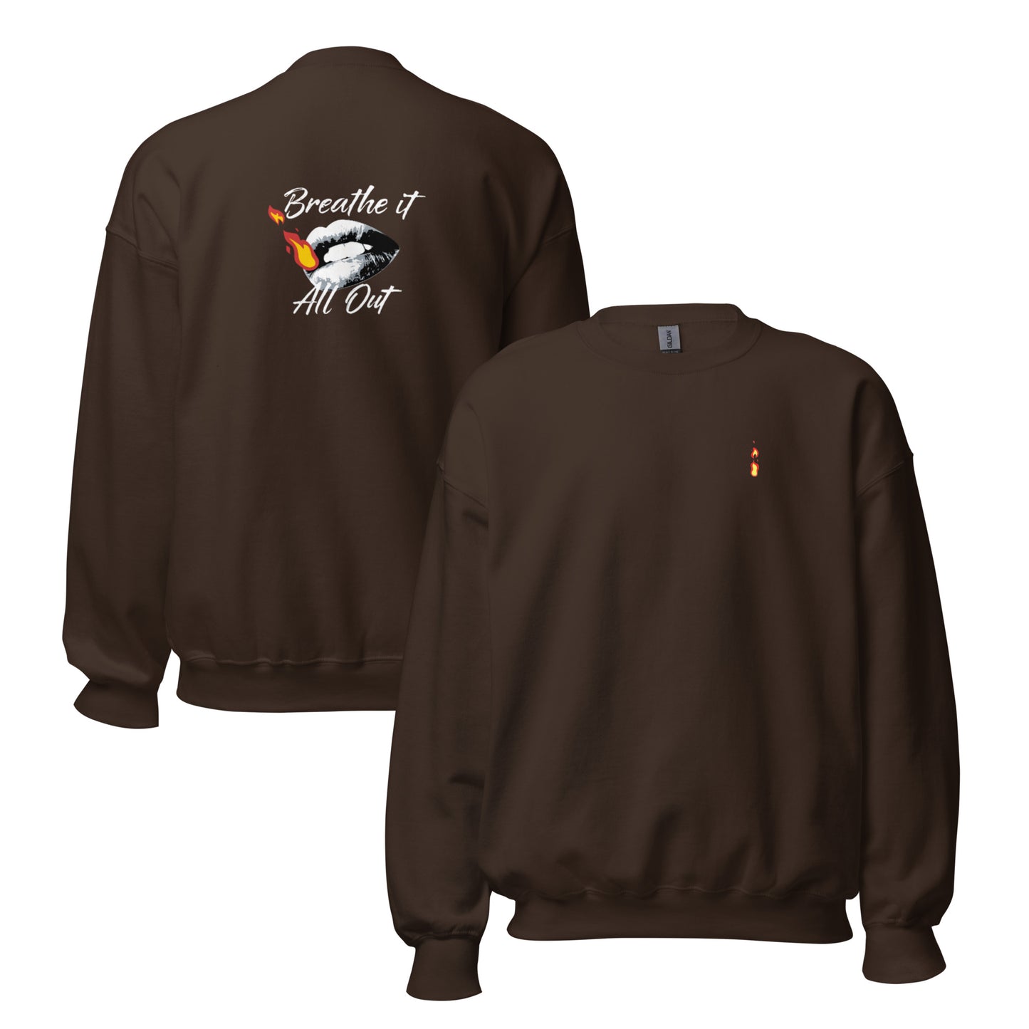 Long sleeve Men top Breathe It All Out lips & flame – Dark Chocolate front and back view | Twilight Vision Music