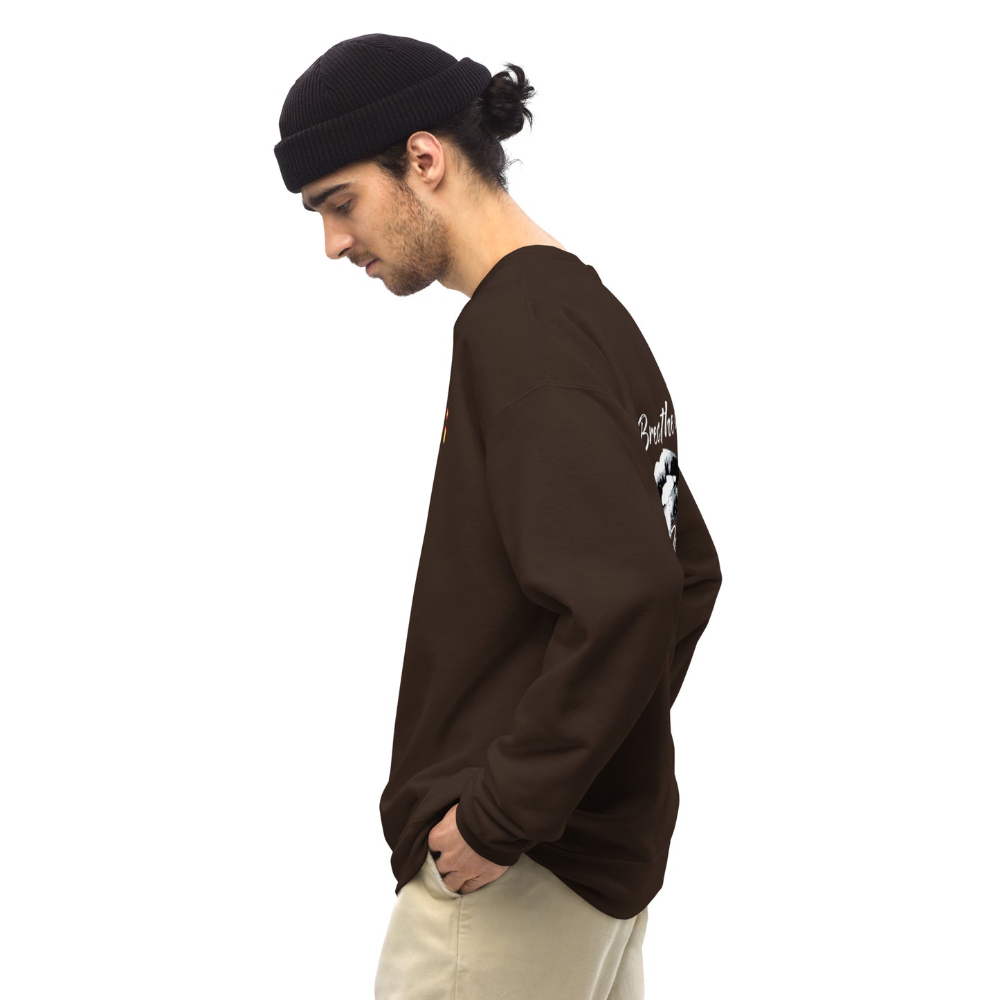 Long sleeve Men top Breathe It All Out lips & flame – Dark Chocolate left side view | Twilight Vision Music