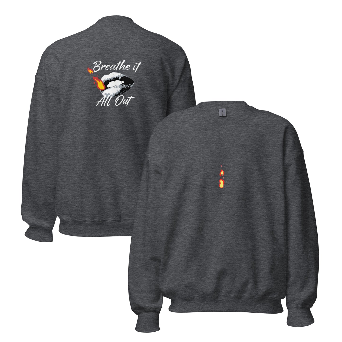 Long sleeve Woman top Breathe It All Out lips & flame – Dark Heather front and back view | Twilight Vision Music