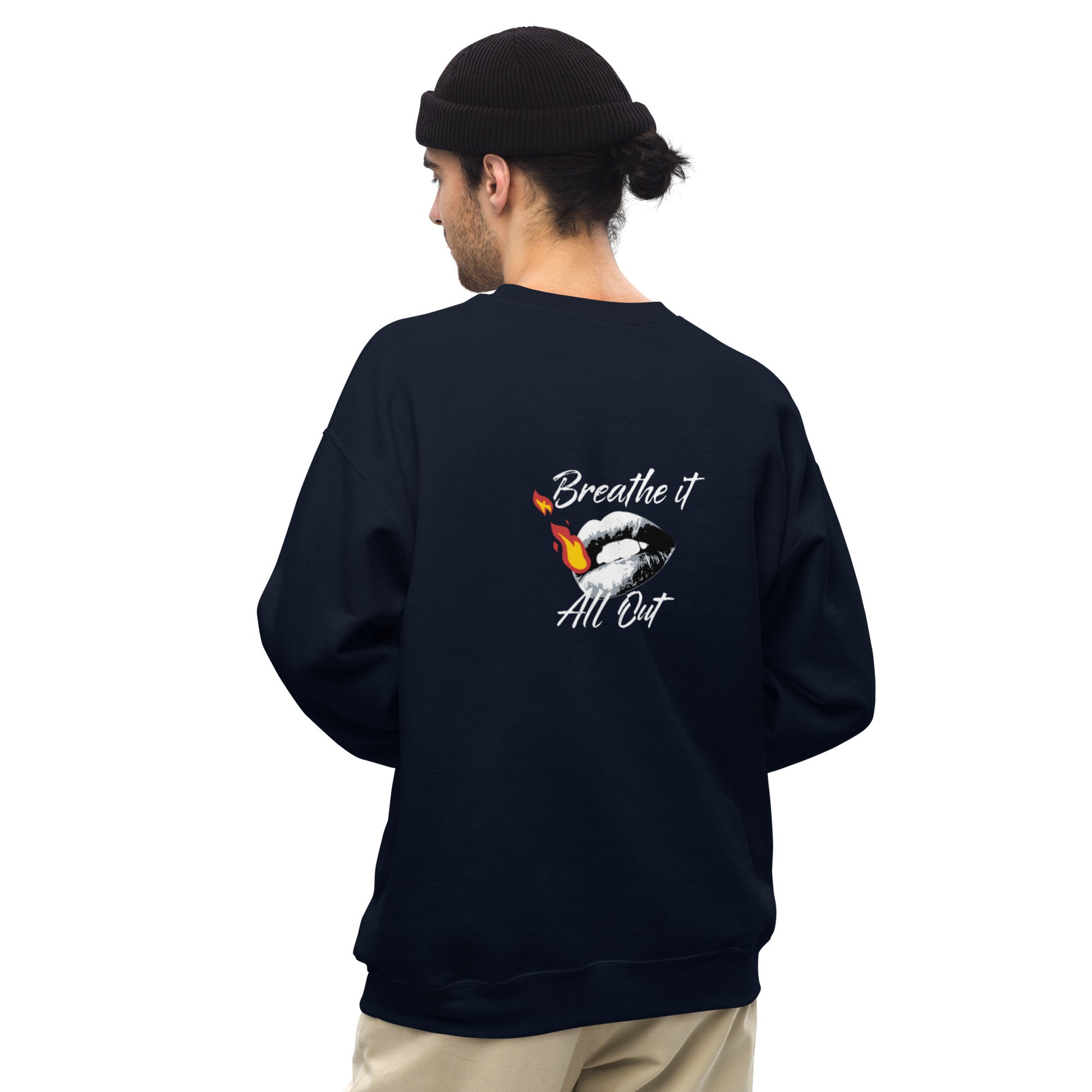 Long sleeve Men top Breathe It All Out lips & flame – Navy back view | Twilight Vision Music