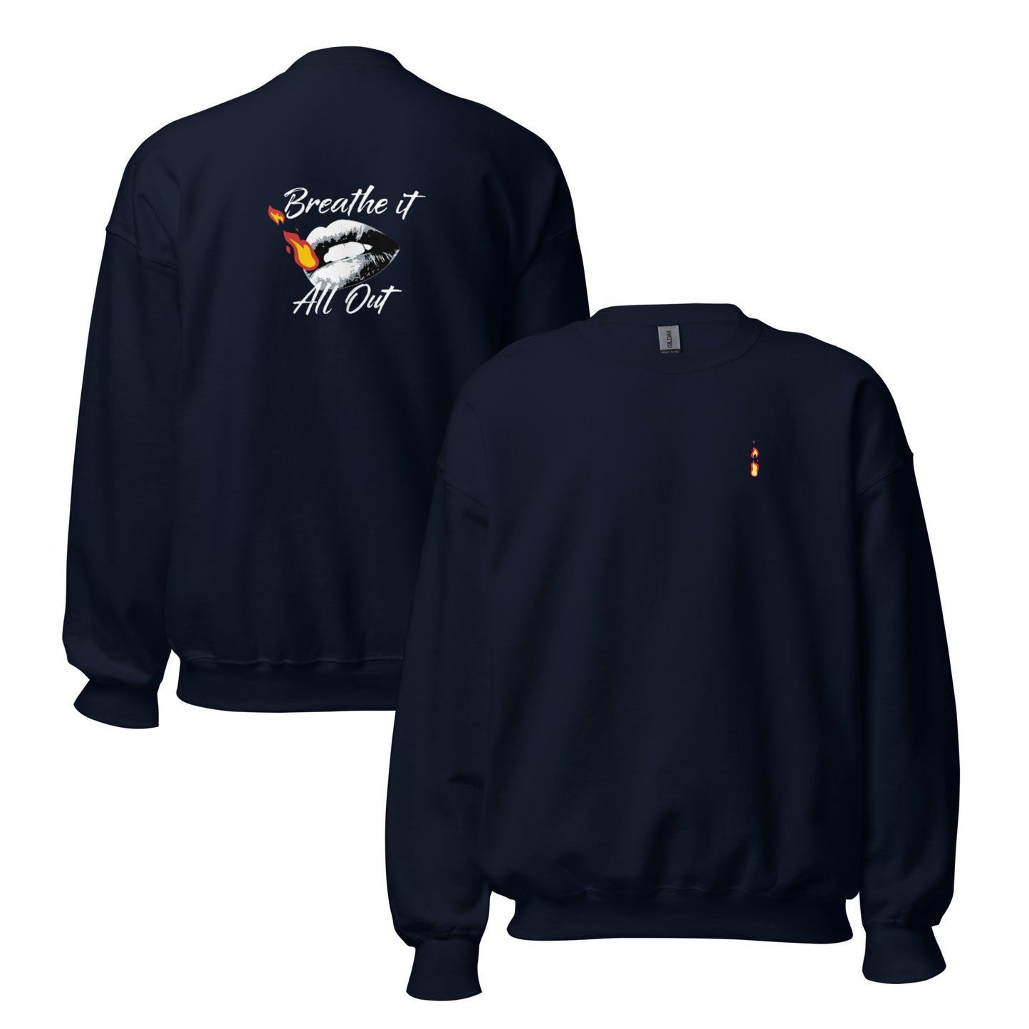Long sleeve Men top Breathe It All Out lips & flame – Navy front and back view | Twilight Vision Music