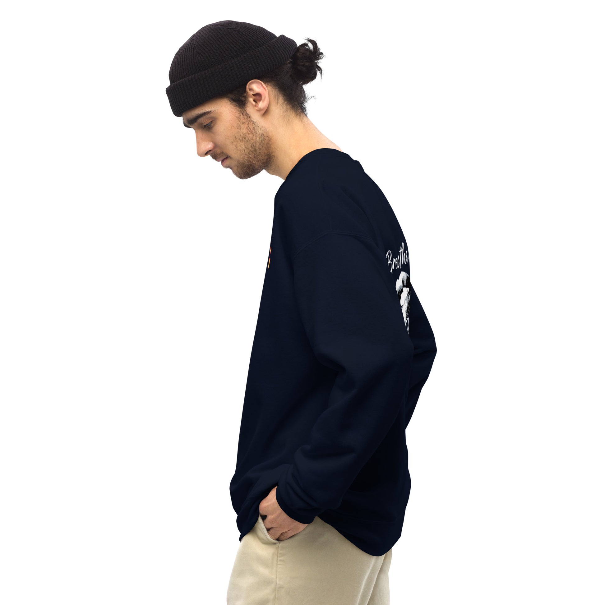 Long sleeve Men top Breathe It All Out lips & flame – Navy left side view | Twilight Vision Music