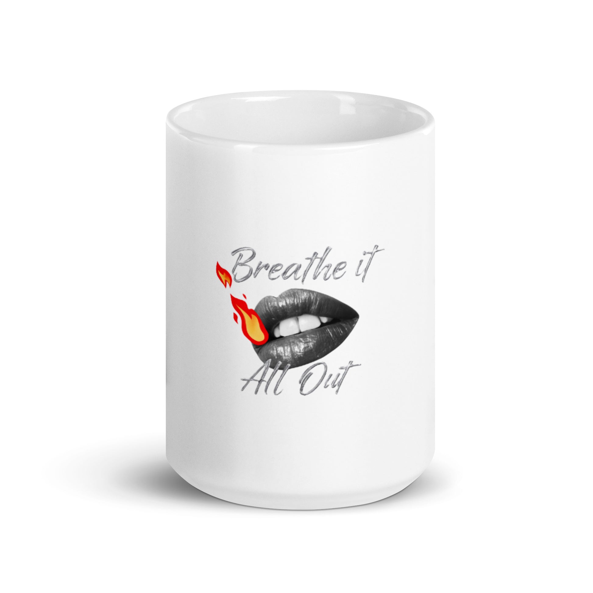 White glossy mug Breathe It All Out – White front view (2) | Twilight Vision Music