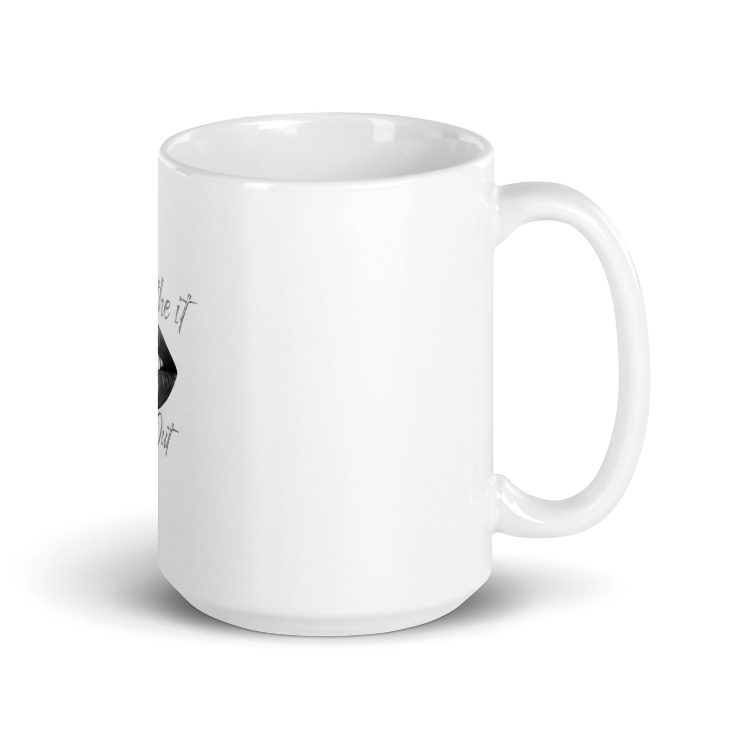 White glossy mug Breathe It All Out – White handle on right (2) | Twilight Vision Music