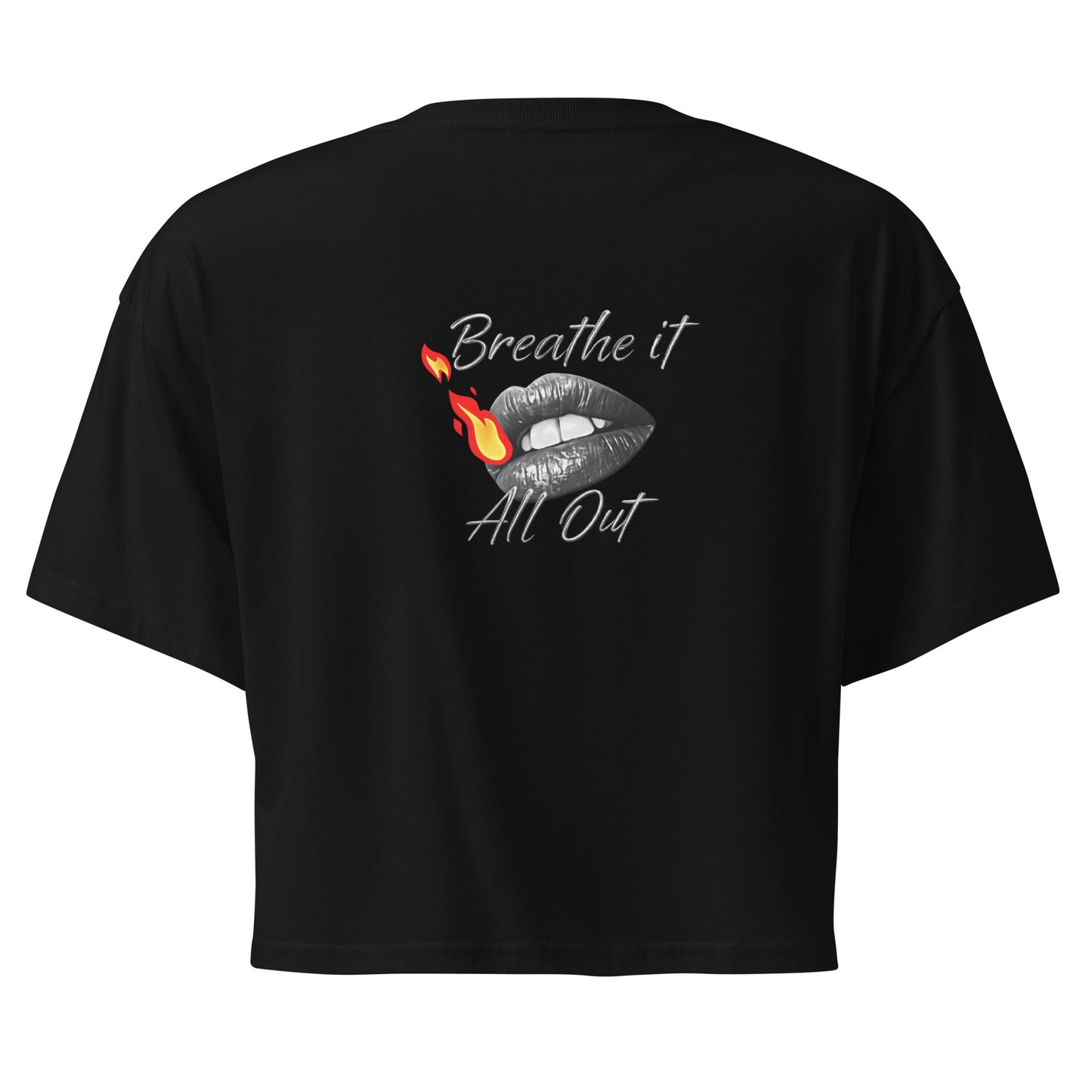 Women's TriDri Crop Top Breathe It All Out lips & flame – Black back view (2) | Twilight Vision Music