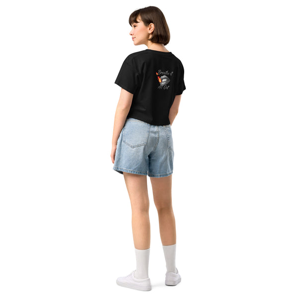 Women's TriDri Crop Top Breathe It All Out lips & flame – Black back view | Twilight Vision Music