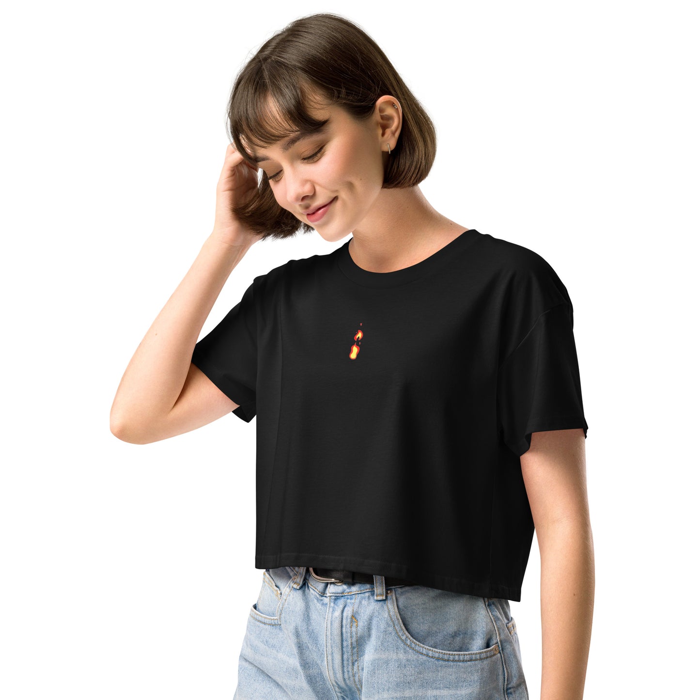 Women's TriDri Crop Top Breathe It All Out lips & flame – Black left front angle | Twilight Vision Music