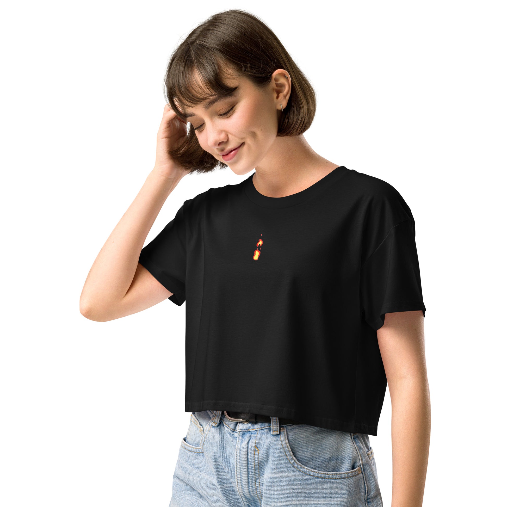 Women's TriDri Crop Top Breathe It All Out lips & flame – Black left front angle | Twilight Vision Music