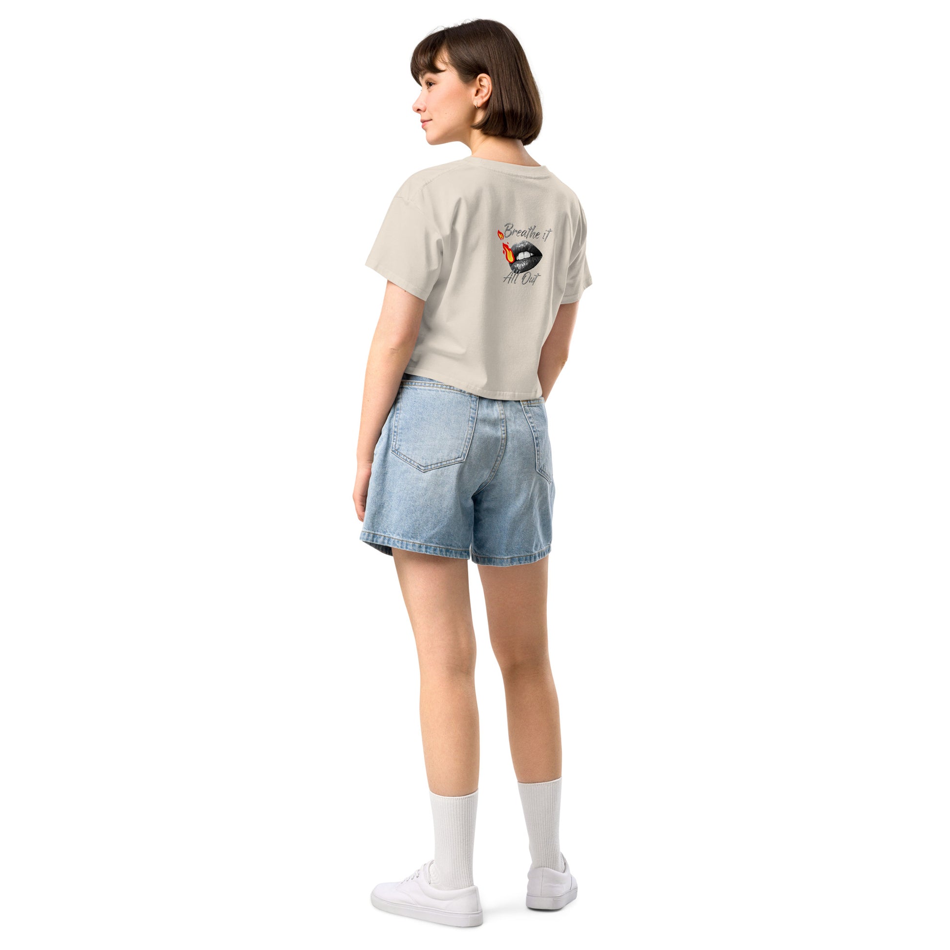 Women's TriDri Crop Top Breathe It All Out lips & flame – Bone back view | Twilight Vision Music