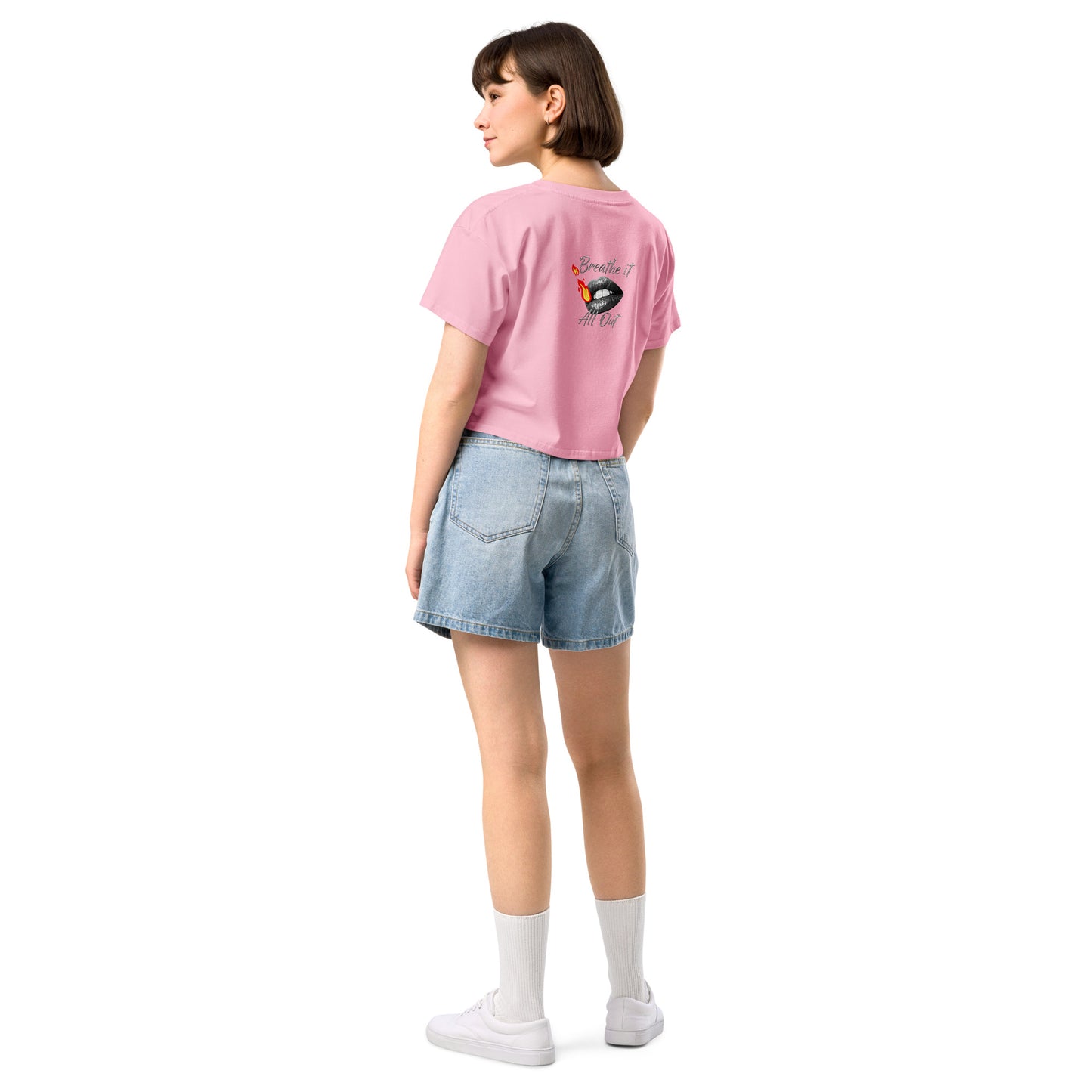 Women's TriDri Crop Top Breathe It All Out lips & flame – Bubblegum back view | Twilight Vision Music