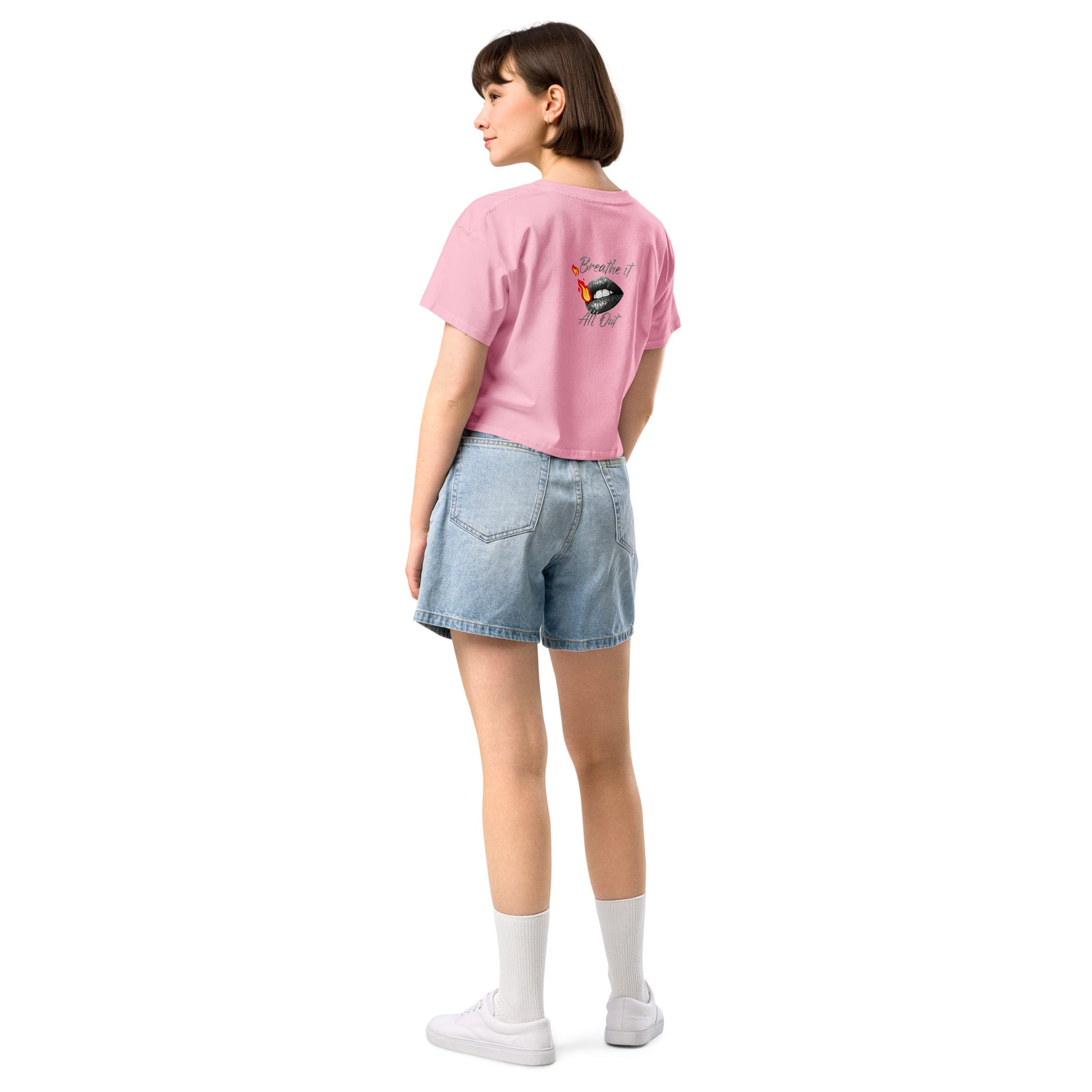 Women's TriDri Crop Top Breathe It All Out lips & flame – Bubblegum back view | Twilight Vision Music